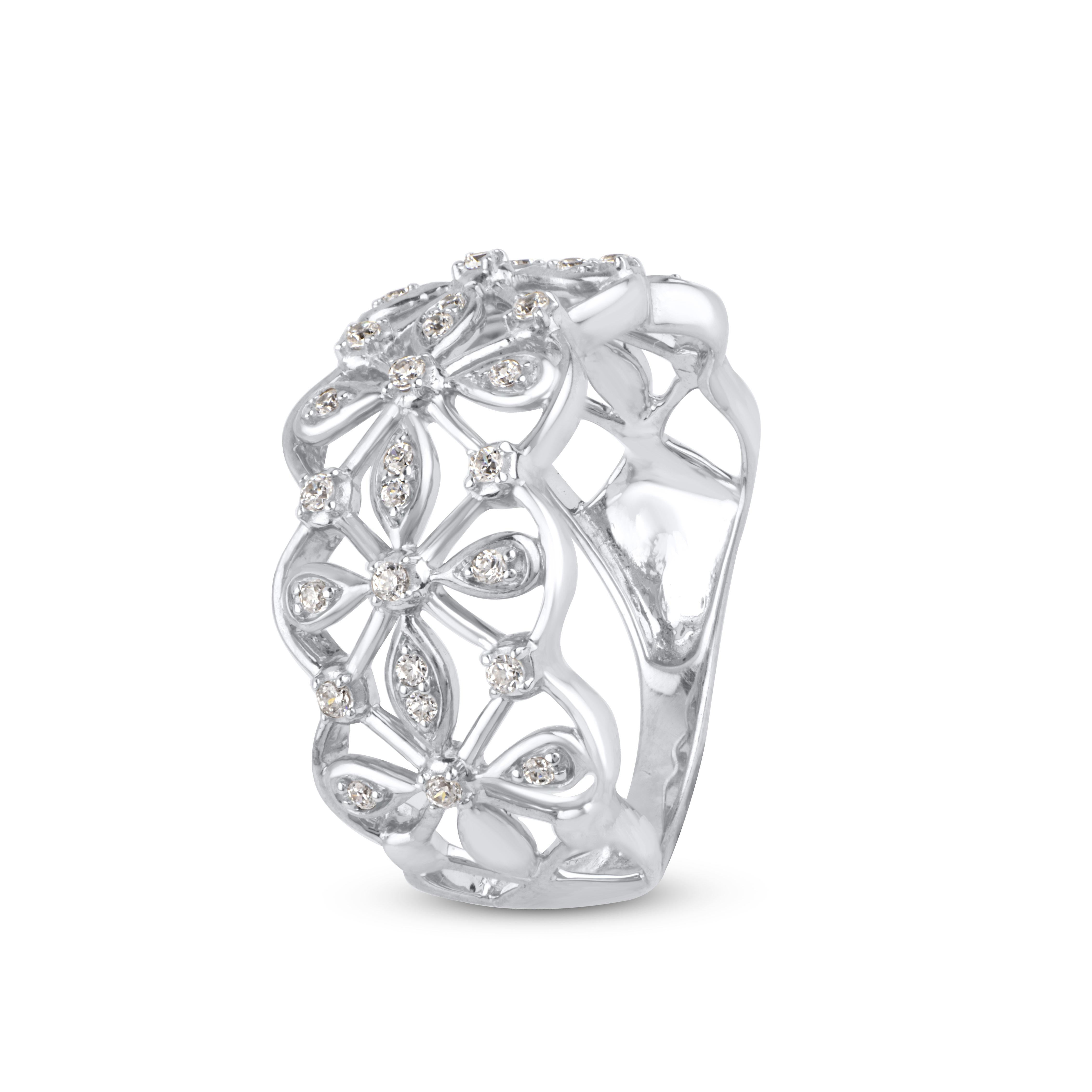 Art Deco TJD 0.25 Carat Round Diamond 14 Karat White Gold Floral Pave Band Ring For Sale