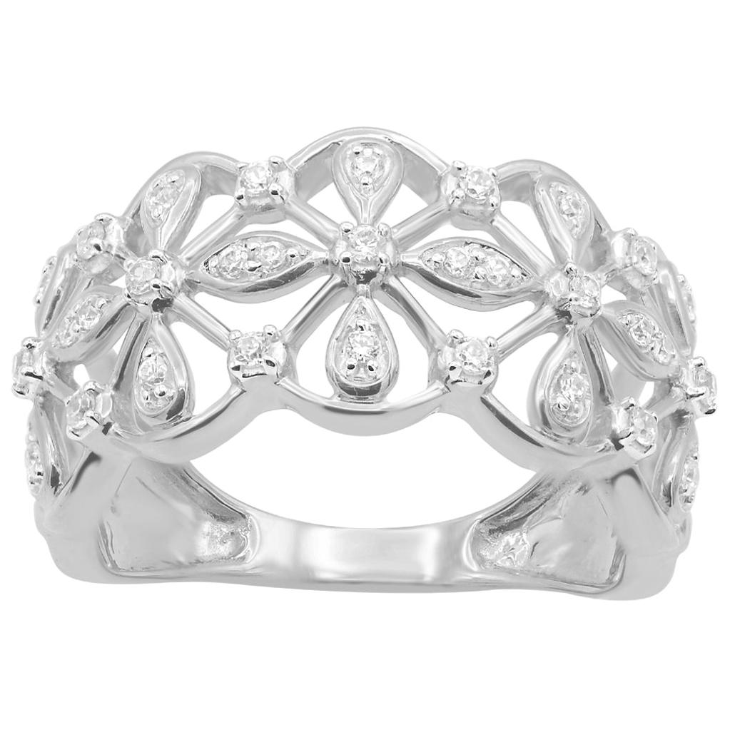 TJD 0.25 Carat Round Diamond 14 Karat White Gold Floral Pave Band Ring For Sale