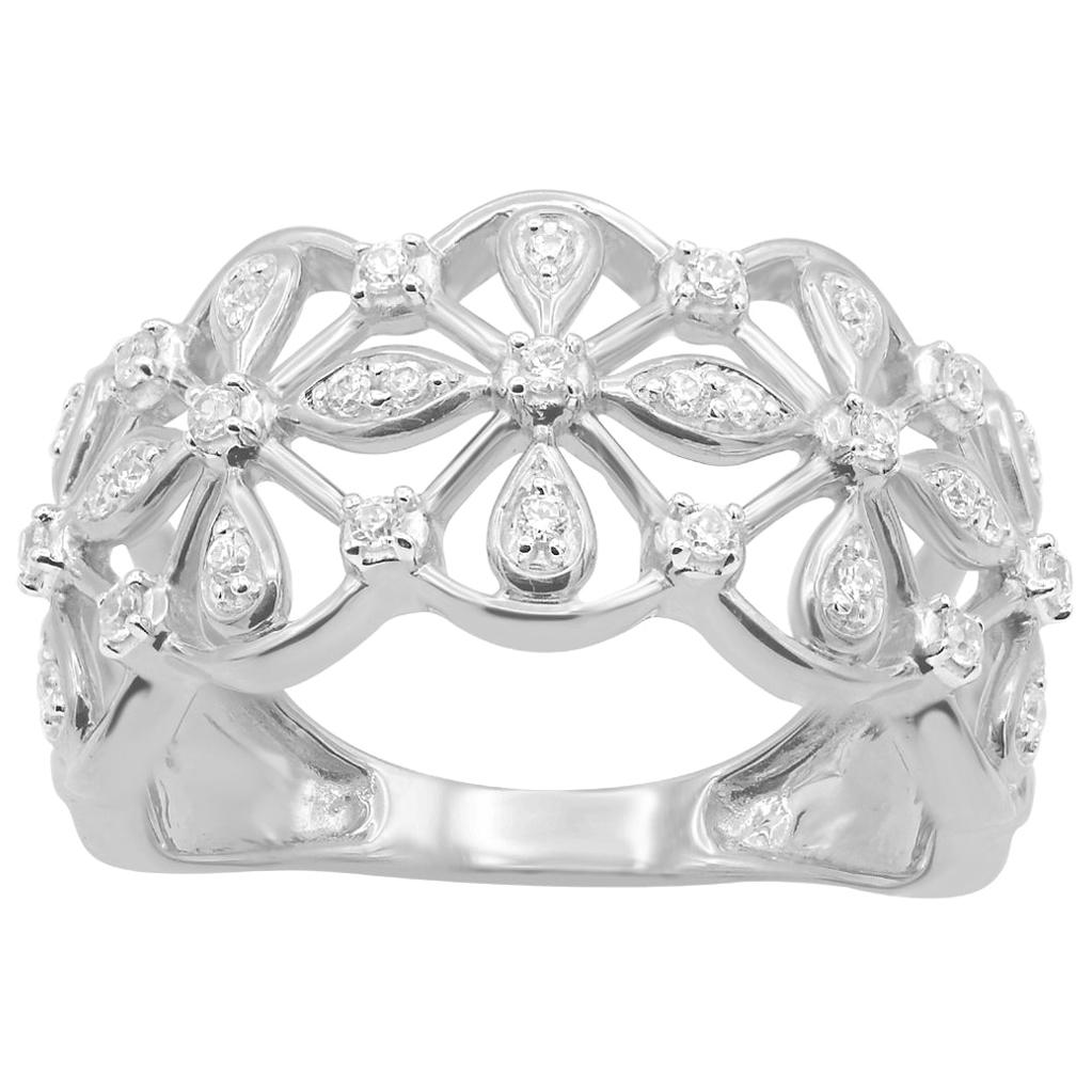 TJD 0.25 Carat Round Diamond 14 Karat White Gold Floral Pave Band Ring