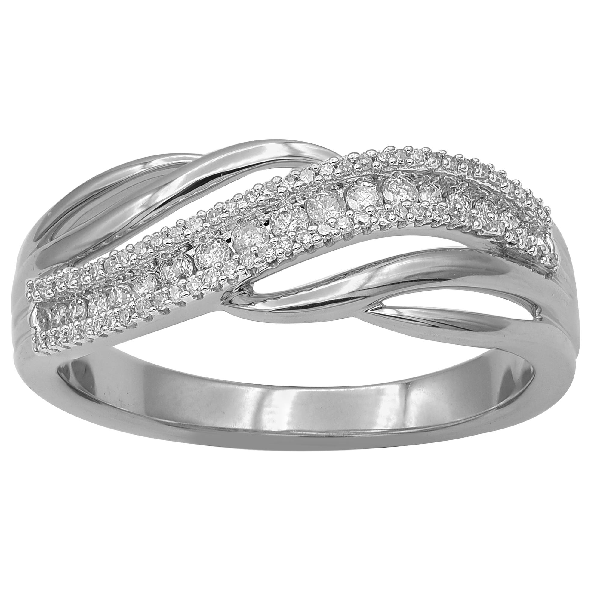 TJD 0.25 Carat Round Diamond 14 Karat White Gold Wavy Wedding Band Ring