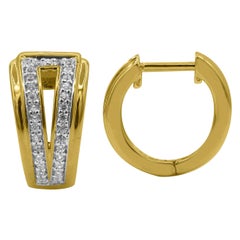 TJD 0.25 Carat Round Diamond 14 Karat Yellow Gold V Shaped Huggie Hoop Earrings