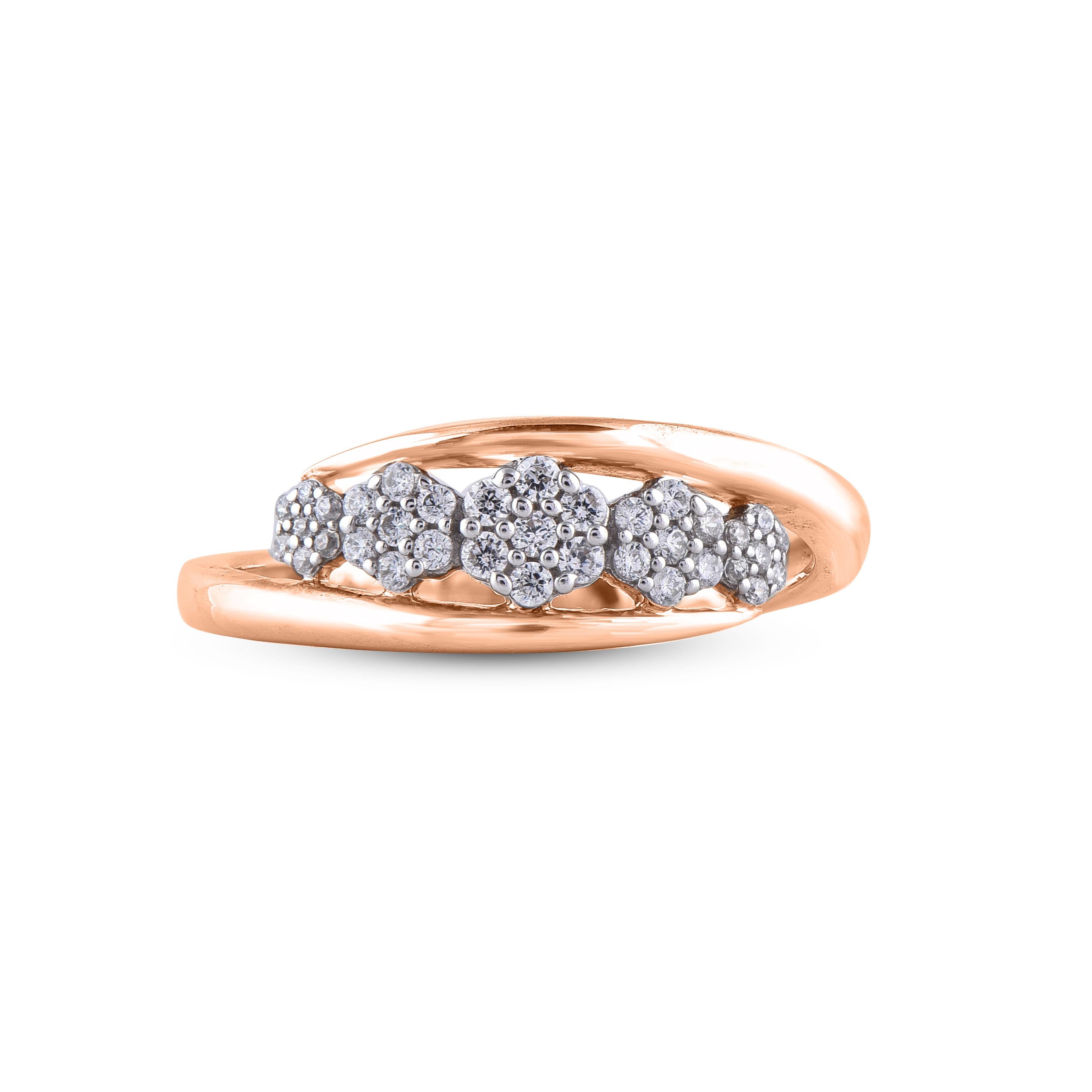 TJD 0,25 Karat runder Diamant 14 KT Roségold Cluster Crossover breiter Ehering (Moderne) im Angebot
