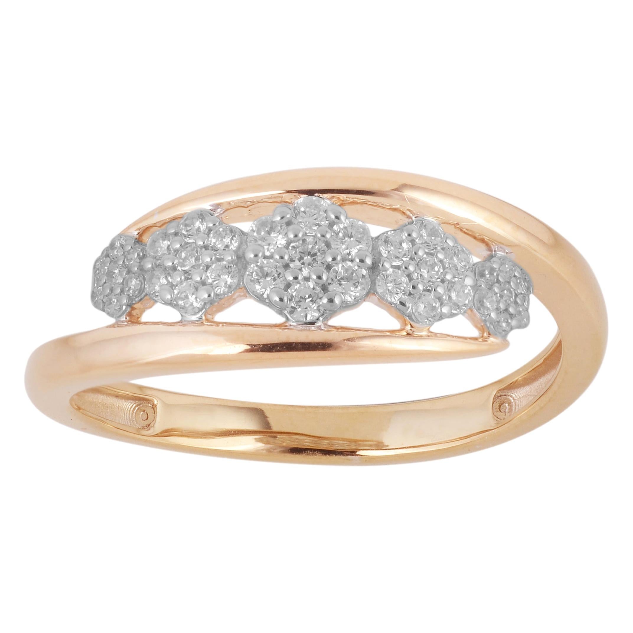 TJD 0.25 Carat Round Diamond 14 KT Rose Gold Cluster Crossover Wide Wedding Band