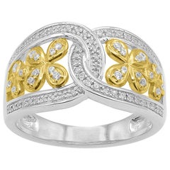 TJD 0.25 Carat Round Diamond 14K Two-Tone Gold Floral Interlocking Wedding Band