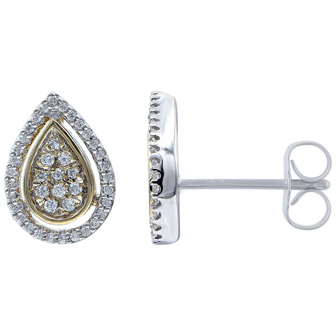TJD 0.25 Carat Round Diamond 14K Twotoned Gold Designer Teardrop Stud Earrings For Sale