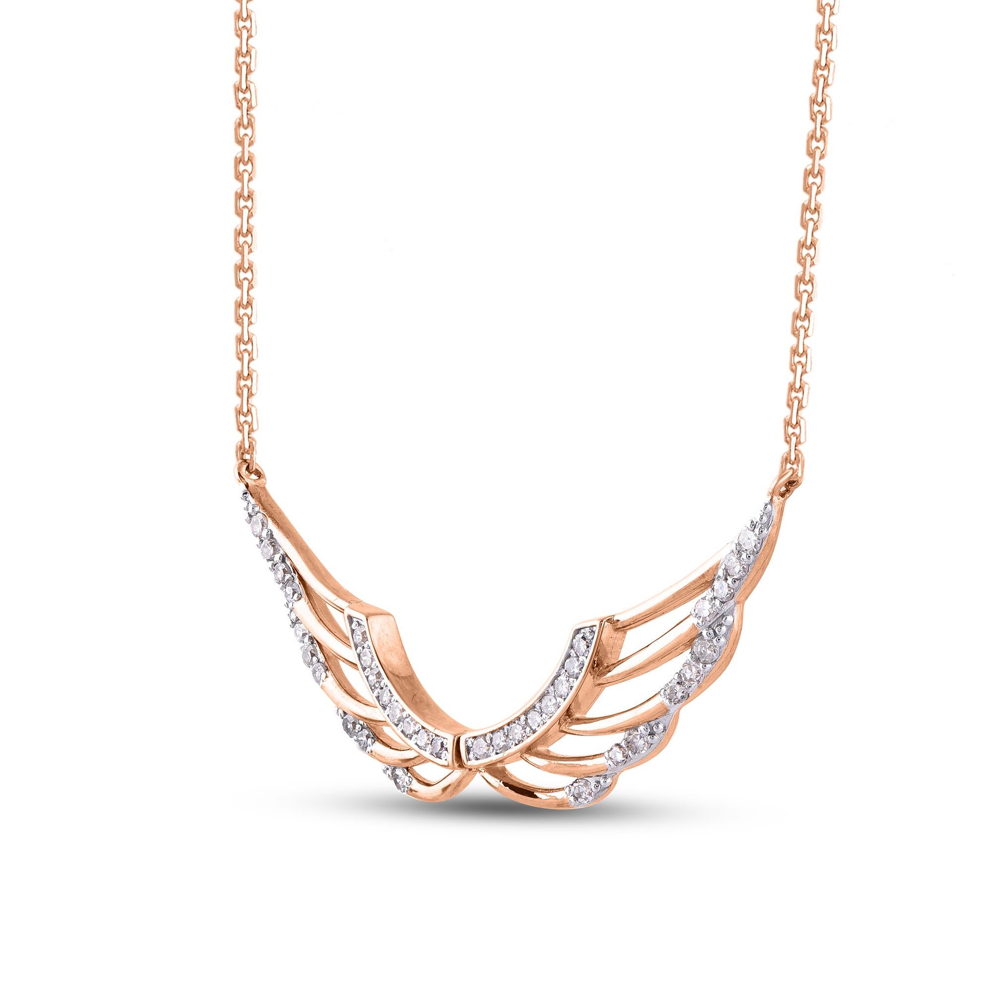 Charm and inspire with this diamond angel wing pendant. Glitters with 36 round diamonds HI/I2 quality set in prong setting and crafted by our inhouse craftsmen in 14 kt rose gold. This pendant suspends along with an cable chain.