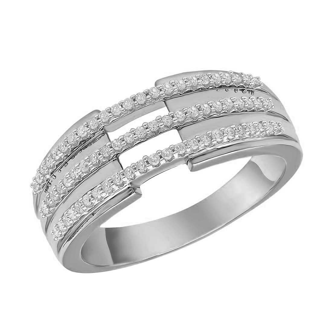 Stunning and classic, this diamond ring is beautifully crafted in 14K Solid White gold. This band ring features a sparkling 69 single cut diamonds beautifully set in prong setting. The total diamond weight is 0.25 Carat. The diamonds are graded as