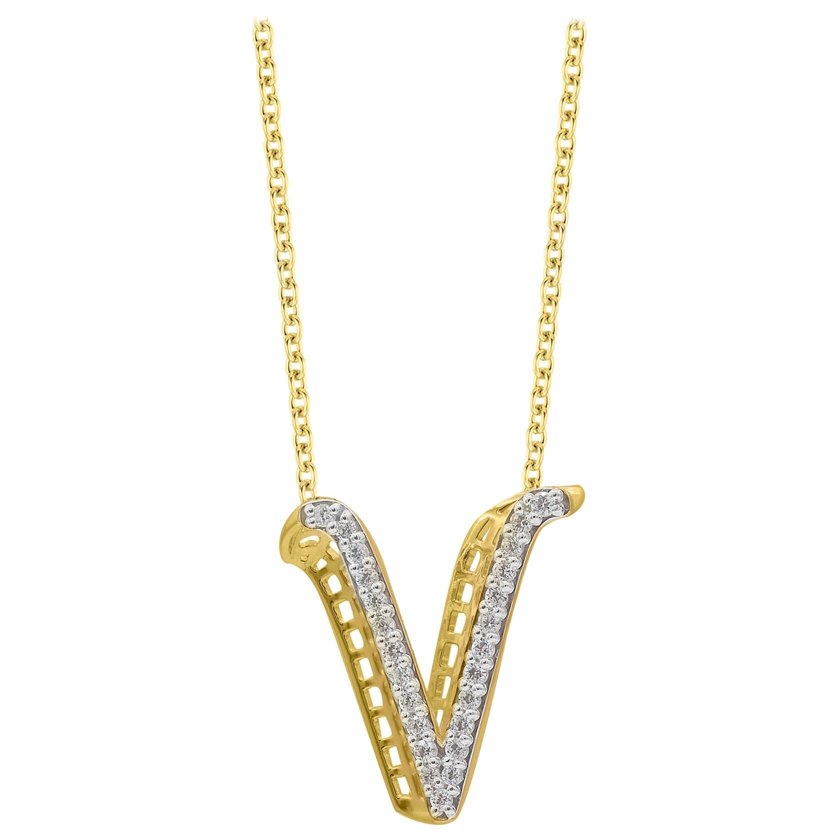 TJD 0.25 Carat V' Initial 3D Alphabet Diamond Pendants in 18 Karat Yellow Gold