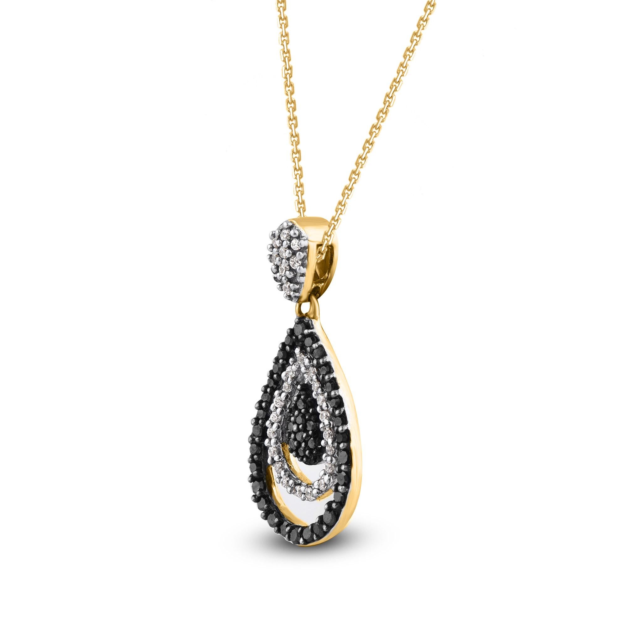 Top off your casual or dressy looks with this diamond pendant. Designed in 14 Karat yellow gold, studded with 64 single cut & black treated diamonds in prong & pave setting. it will come along with a cable chain. The diamonds are graded H-I Color,