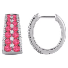 TJD 0.25 CT Diamonds and 2.09 CT Ruby White Gold Huggie Hoop Earrings