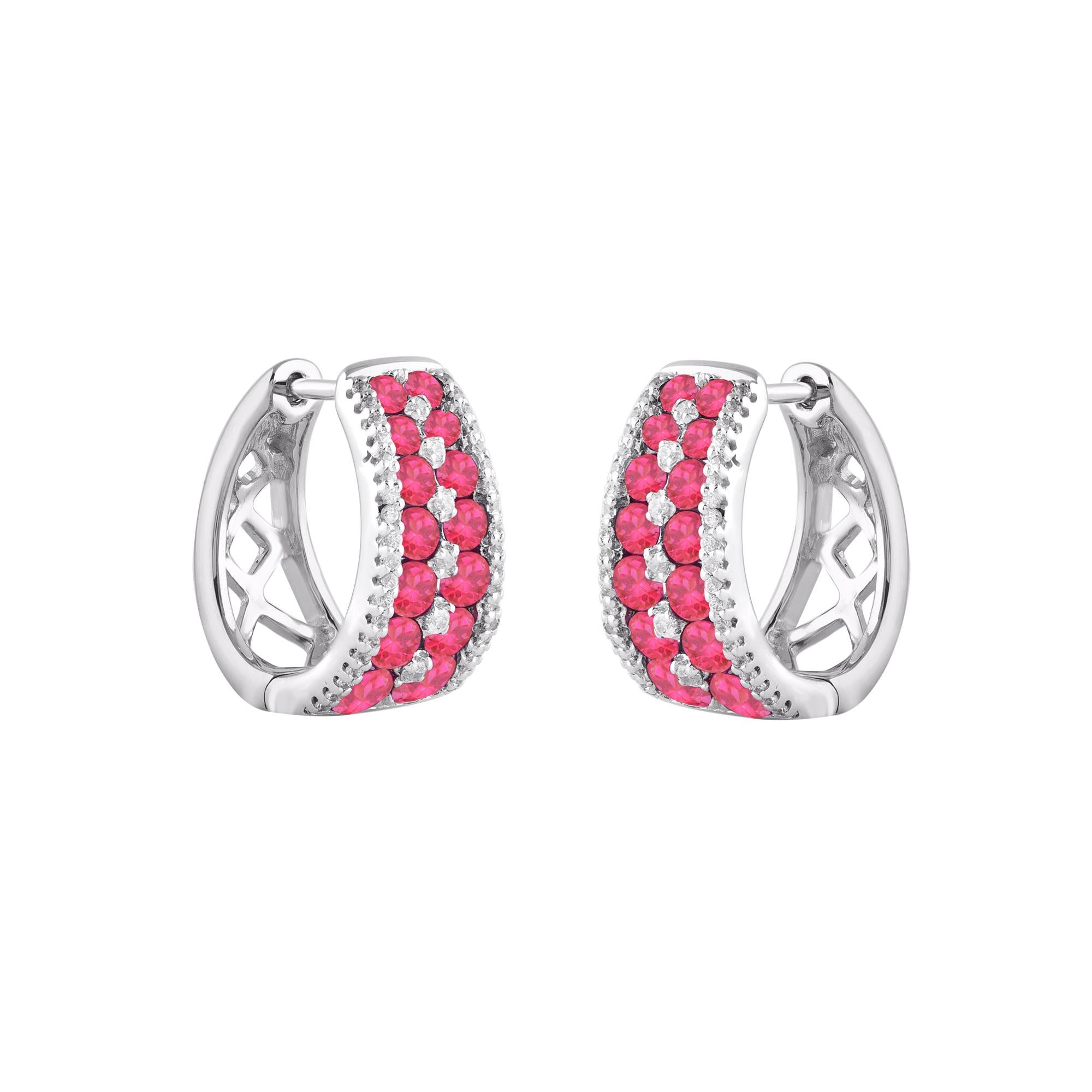 Contemporary TJD 0.25 CT Diamonds and 2.09 CT Ruby White Gold Huggie Hoop Earrings For Sale