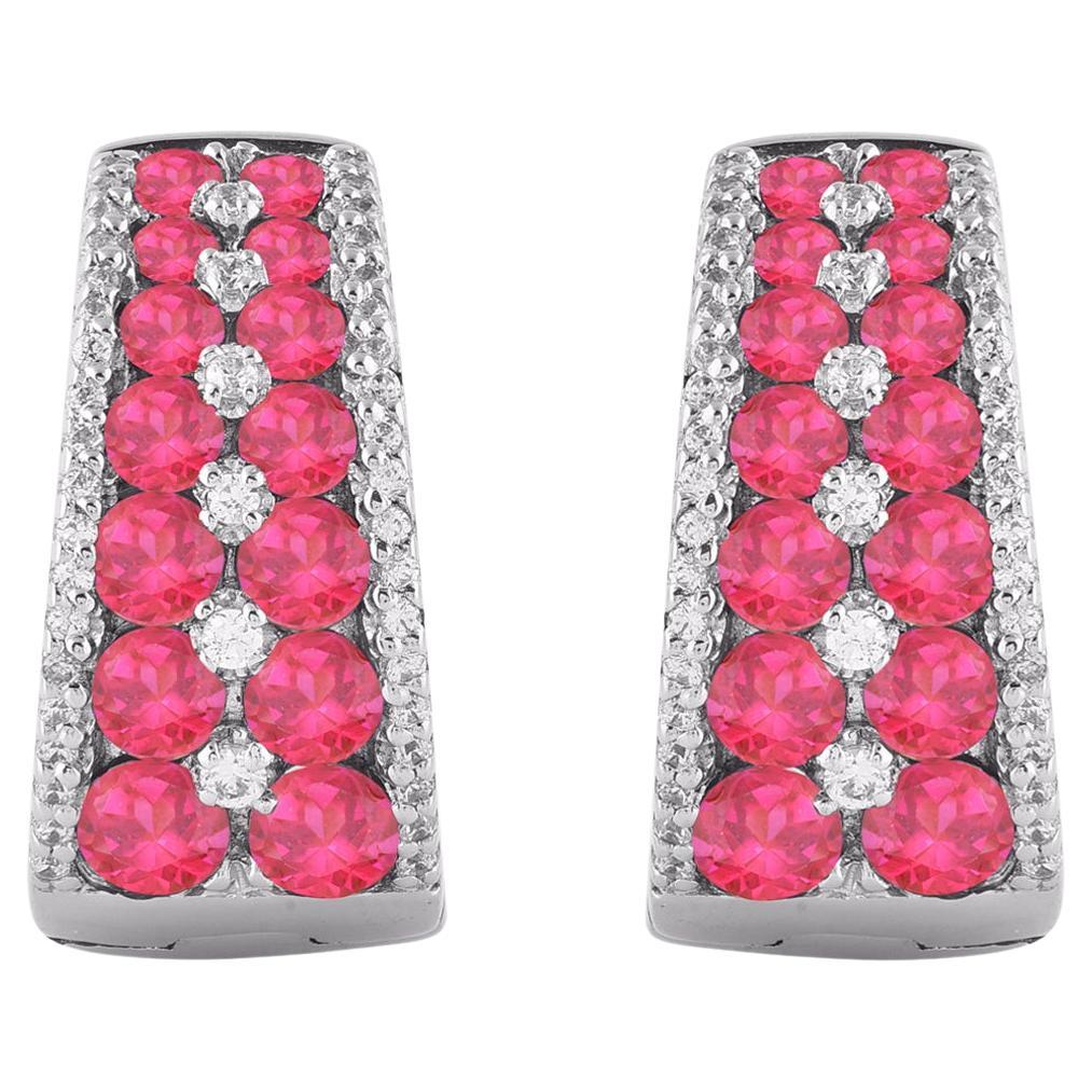 TJD 0.25 CT Diamonds and 2.09 CT Ruby White Gold Huggie Hoop Earrings For Sale