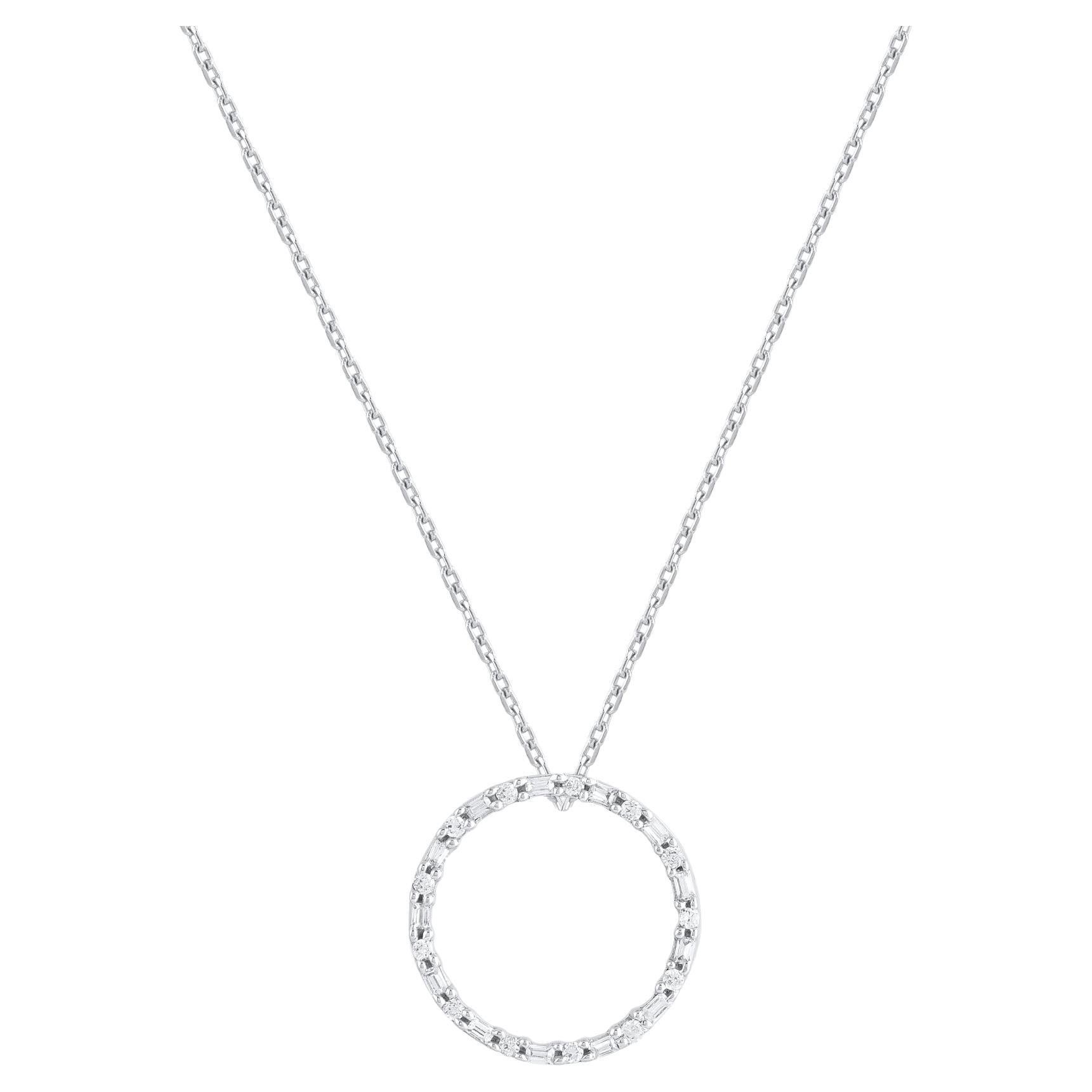TJD 0.25 ct Diamant rond et baguette pendentif cercle ouvert or blanc 14Karat 