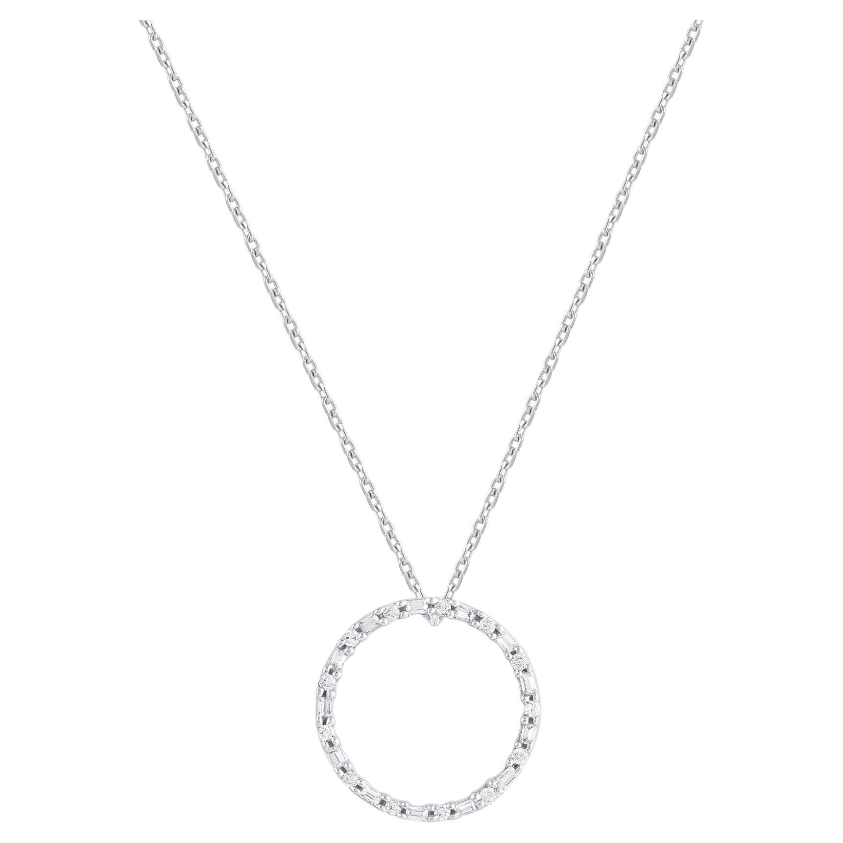 TJD 0.25 ct Diamant rond et baguette pendentif cercle ouvert or blanc 14Karat