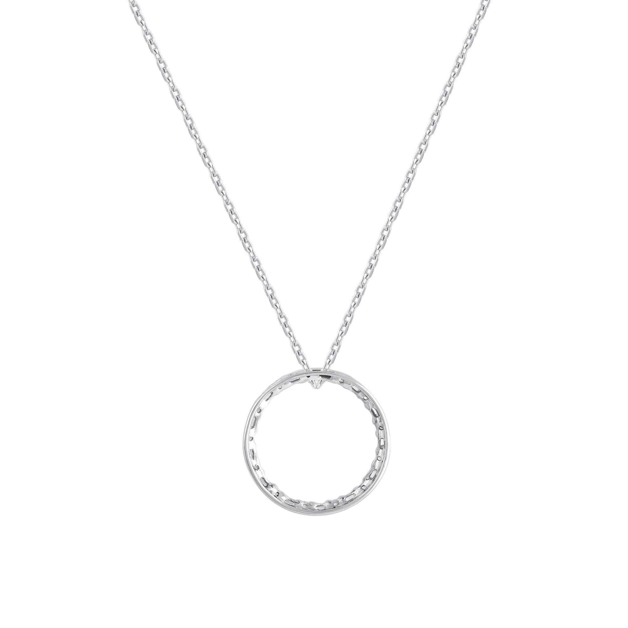 Contemporary TJD 0.25 Ct Round & Baguette Cut Diamond Open Circle Pendant 18 Karat White Gold For Sale