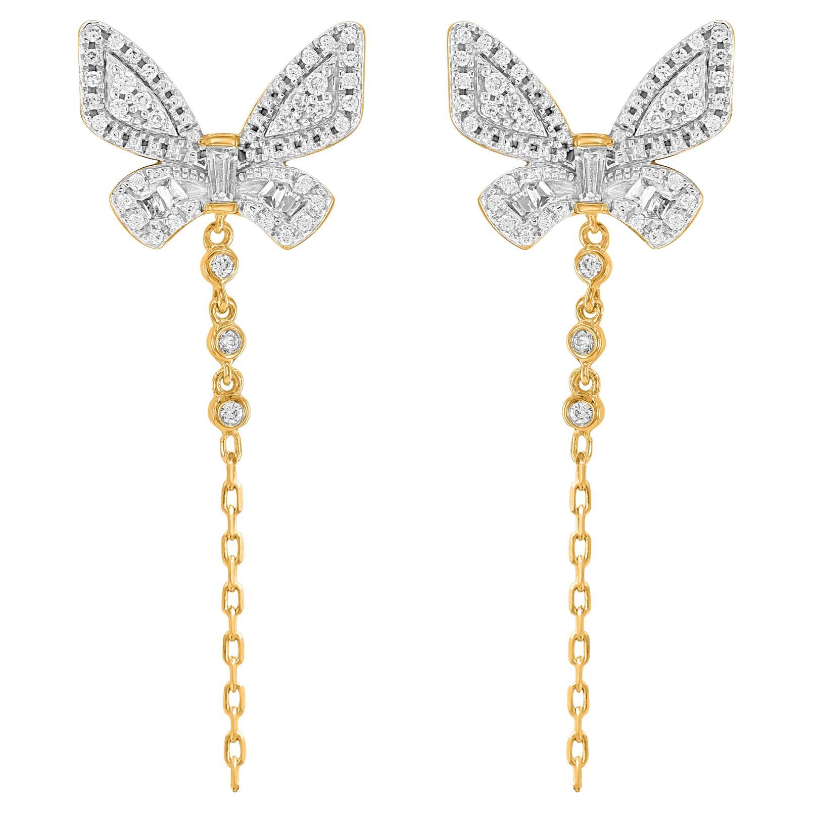 TJD 0.25 CT Round & Baguette Diamond Butterfly Drop Earrings in 10K Yellow Gold