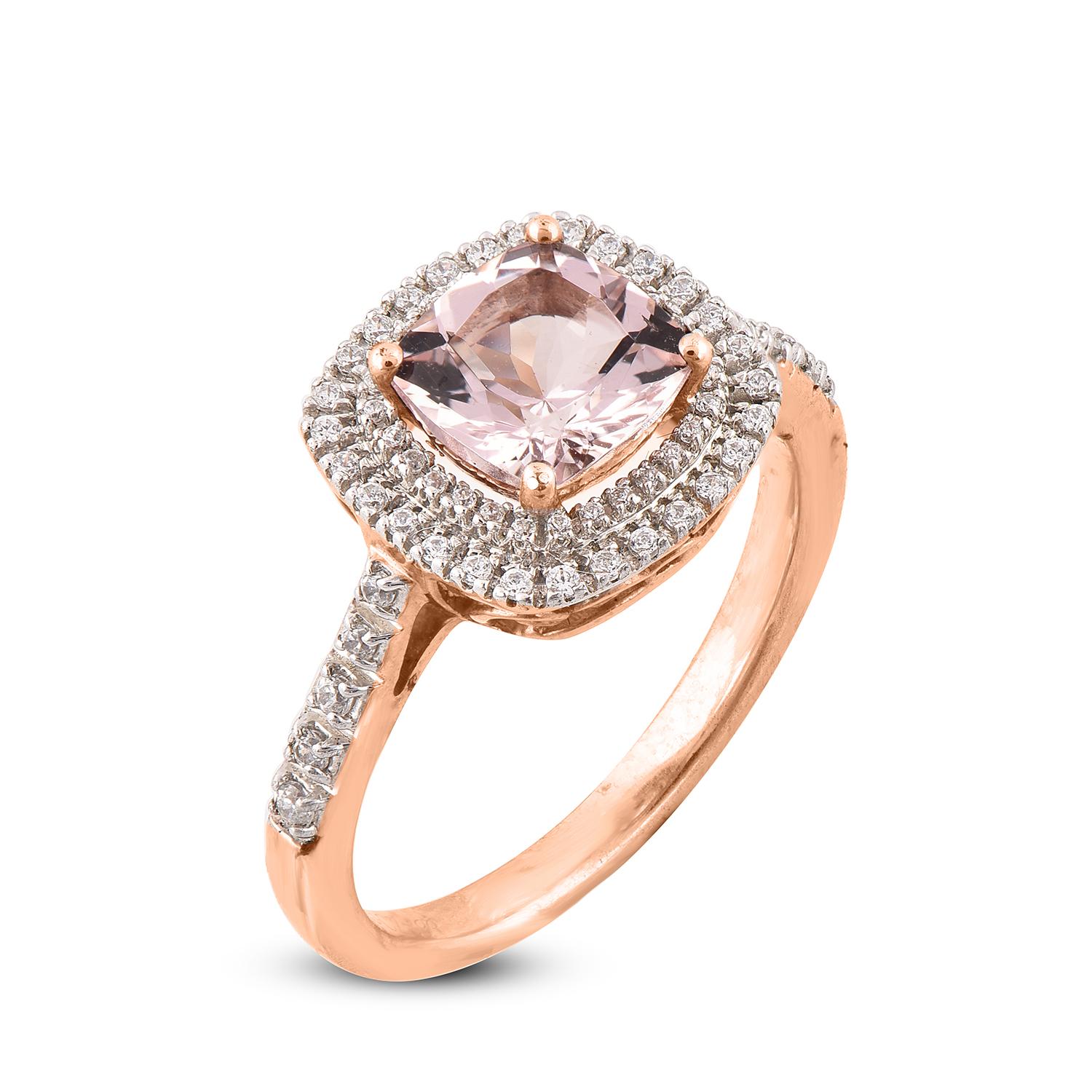 A bright pop of sparkle in a designer ring that will go well on any outfit. Embellished with 66 round and 1 Cushion shape morganite set in prong setting and crafted by our in-house experts in 14 karat rose gold. Diamonds are graded H-I Color, I2