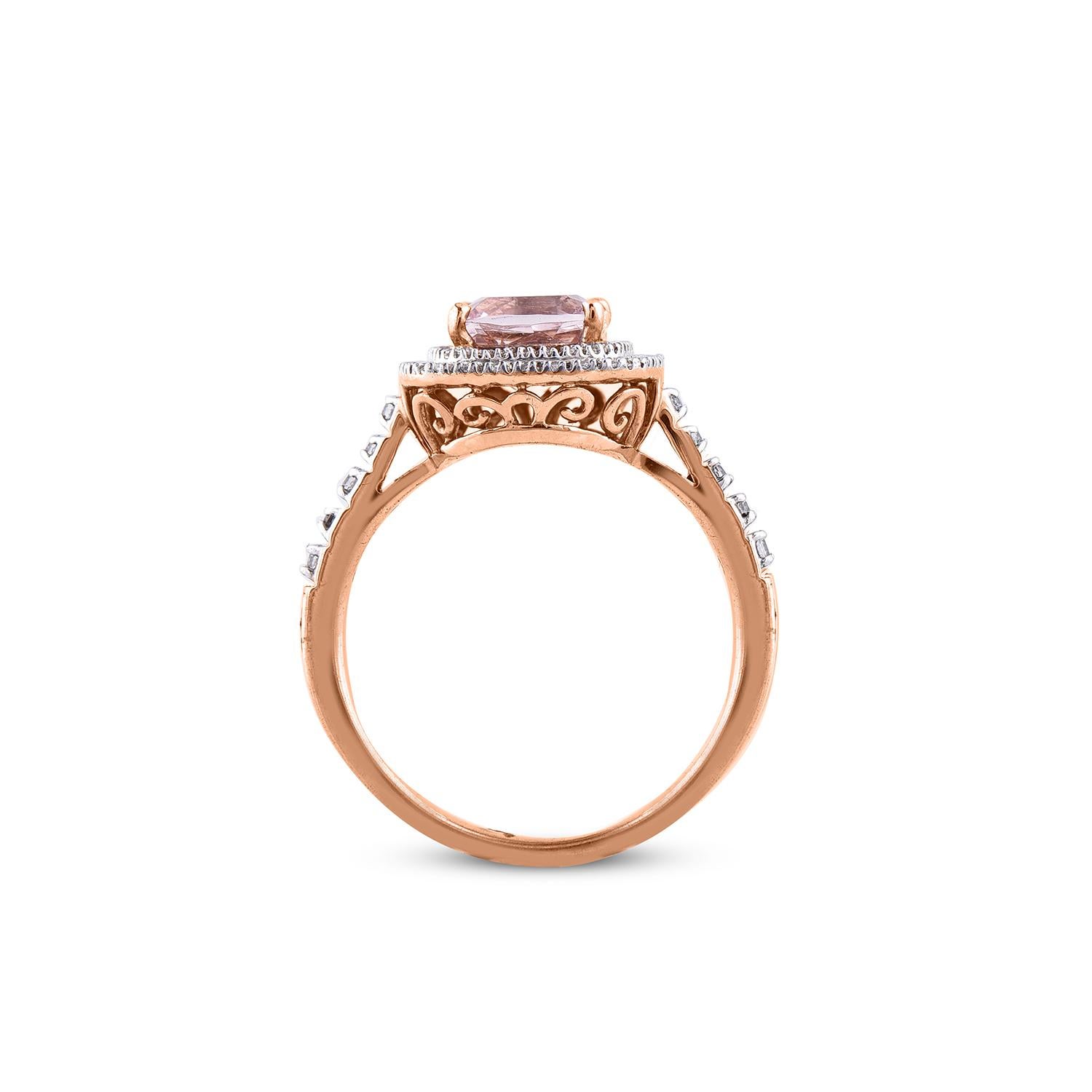 TJD 0.25 Ct Round with Cushion Morganite 14Kt Rose Gold Double Frame Ring In New Condition For Sale In New York, NY