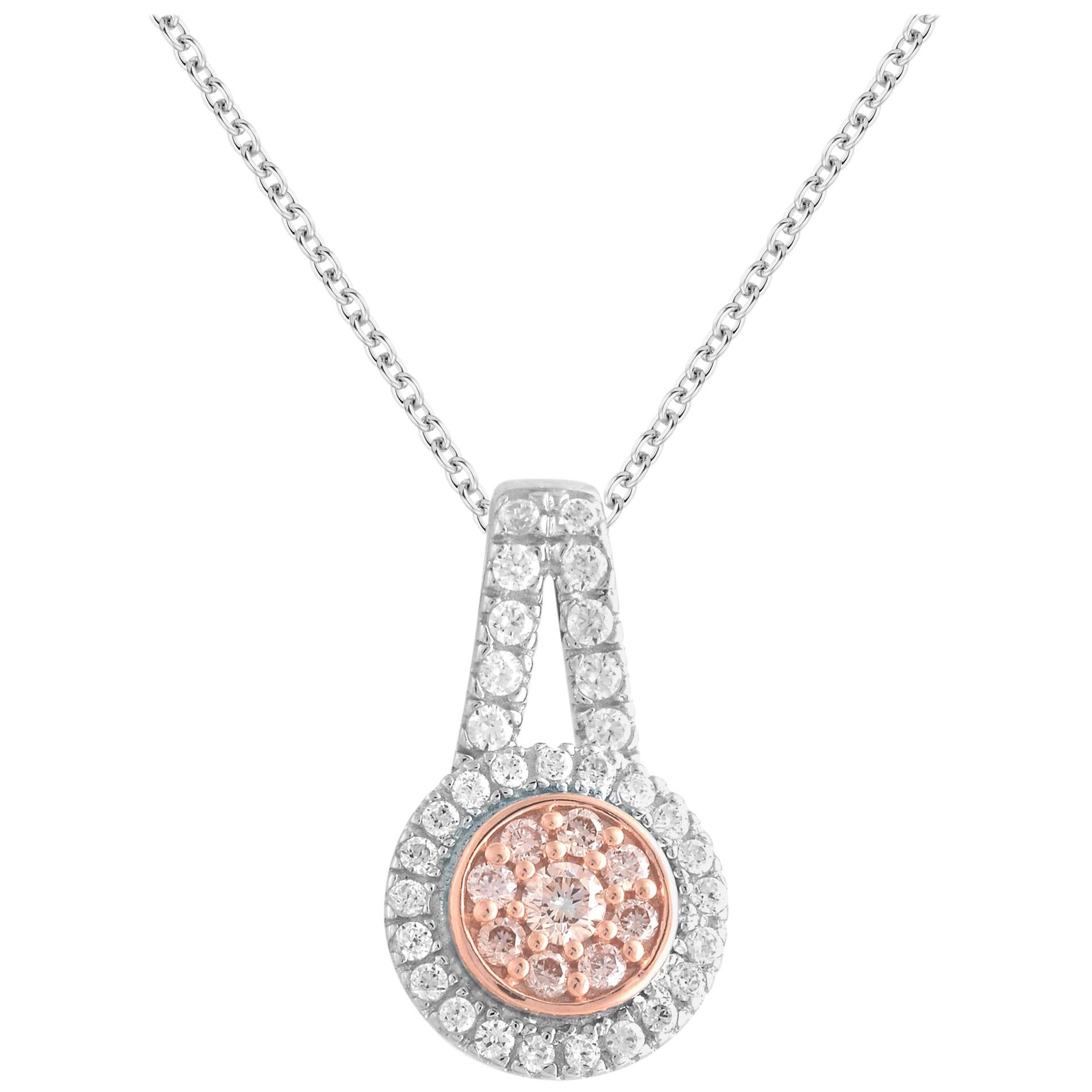 TJD 0.25Carat Nat. Pink Rosé & White Diamond 18K White Gold Halo Cluster Pendant
