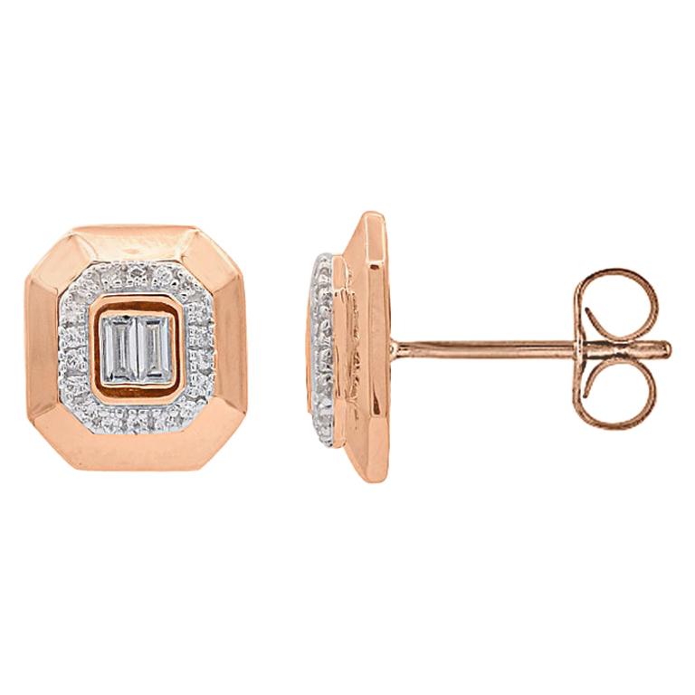 TJD 0.25Carat Round & Baguette Diamond 14K Rose Gold Cushion Frame Stud Earrings For Sale