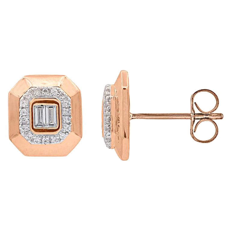 TJD 0.25Carat Round 
Baguette Diamond 14K Rose Gold Cushion Frame Stud Earrings