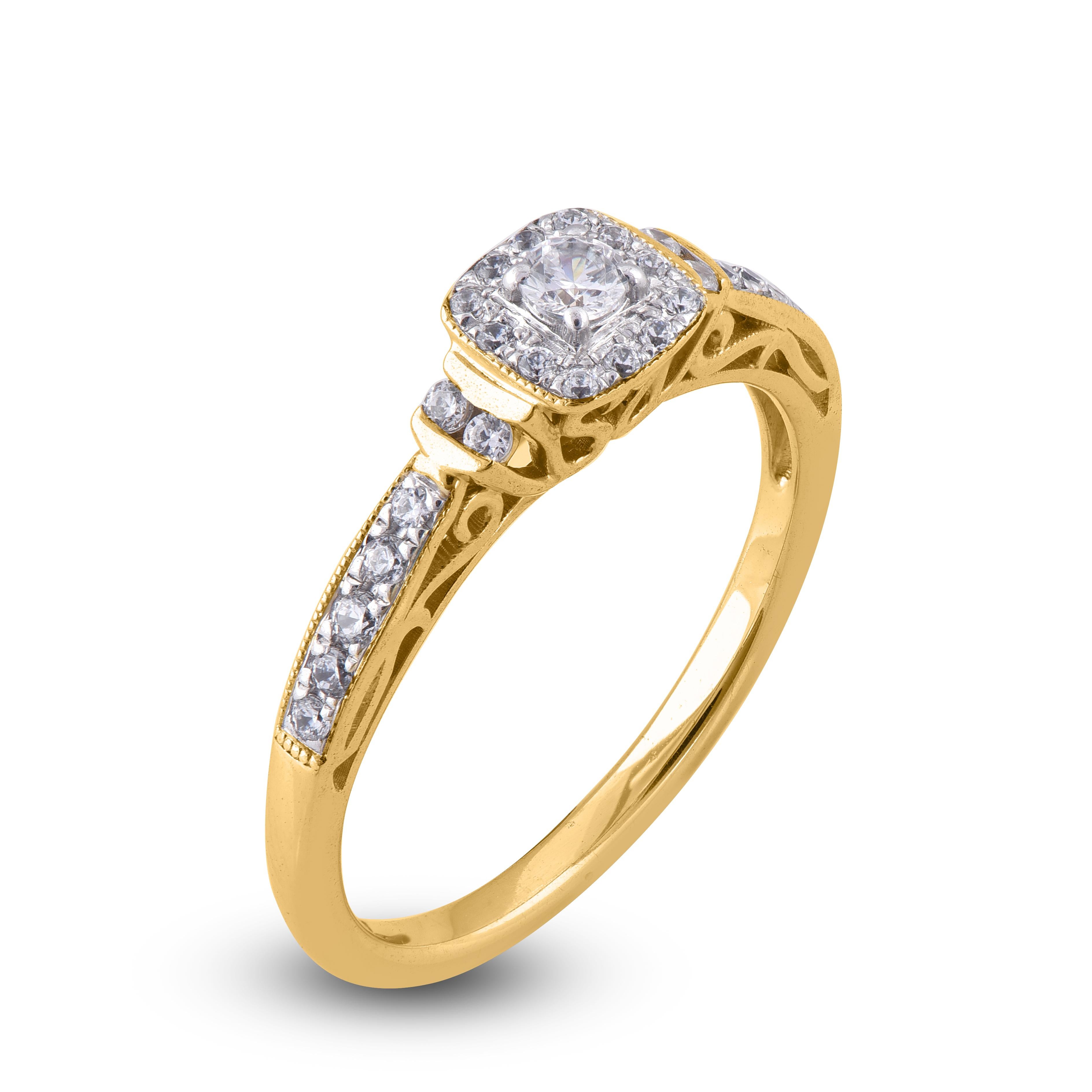 Give a touch of glamour to your fine jewelry collection with this diamond engagement ring. It features 0.25 ct diamond frame and shoulders embellished with 27 round cut diamond set in channel, prong and pave setting.The diamond are natural, not