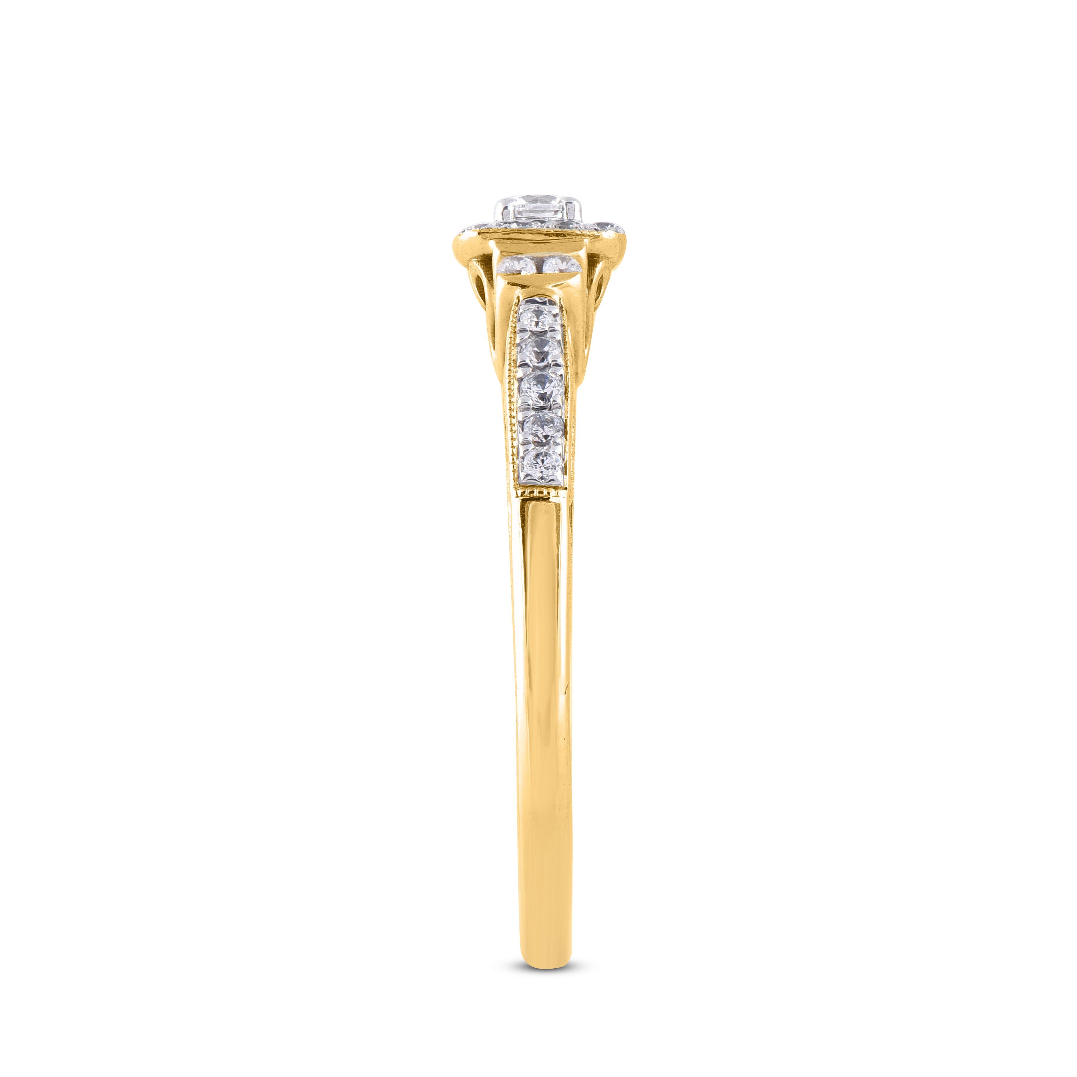 TJD 0.27 Carat Round Diamond 14 Karat Yellow Gold Halo Bridal engagement Ring In New Condition For Sale In New York, NY