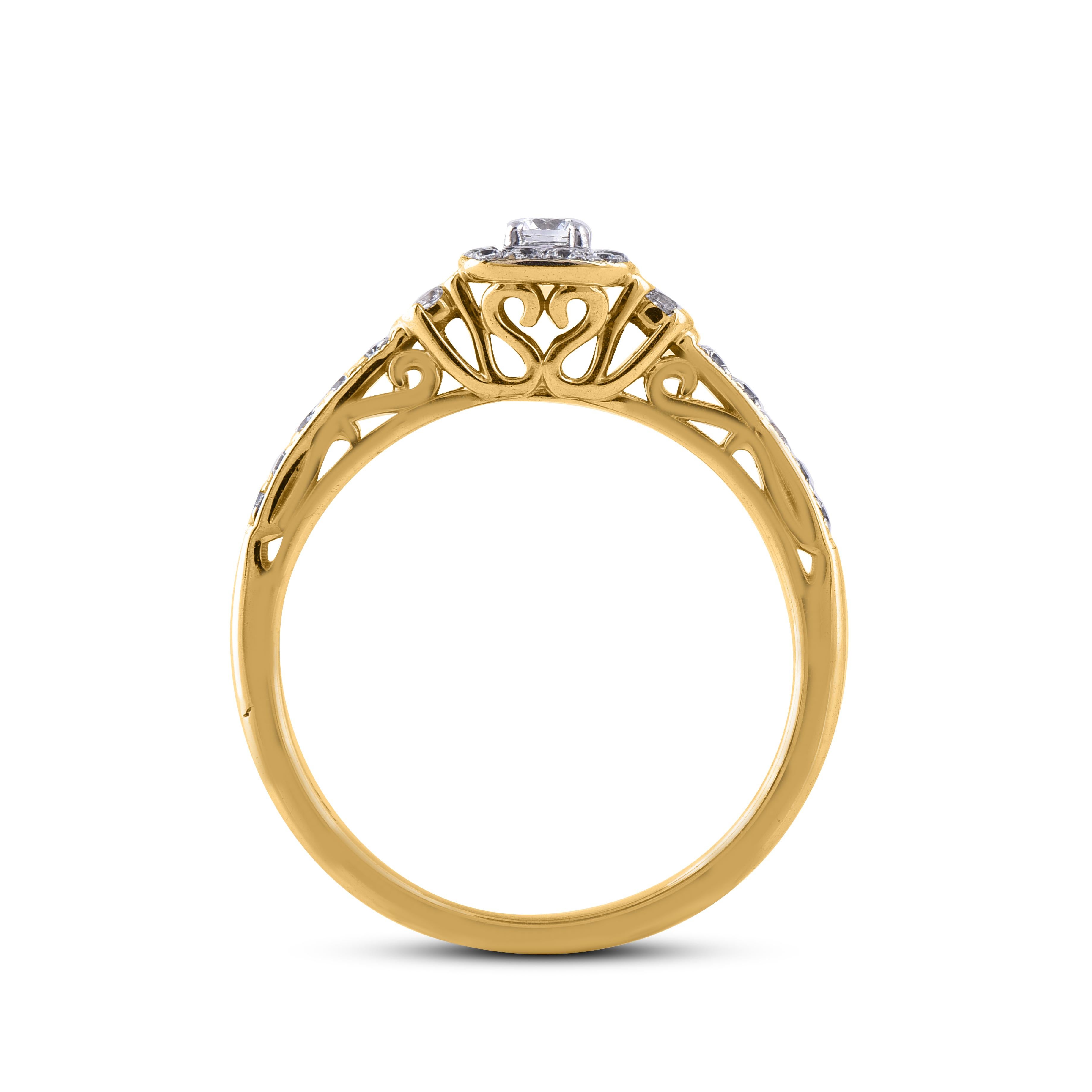 Women's TJD 0.27 Carat Round Diamond 14 Karat Yellow Gold Halo Bridal engagement Ring For Sale