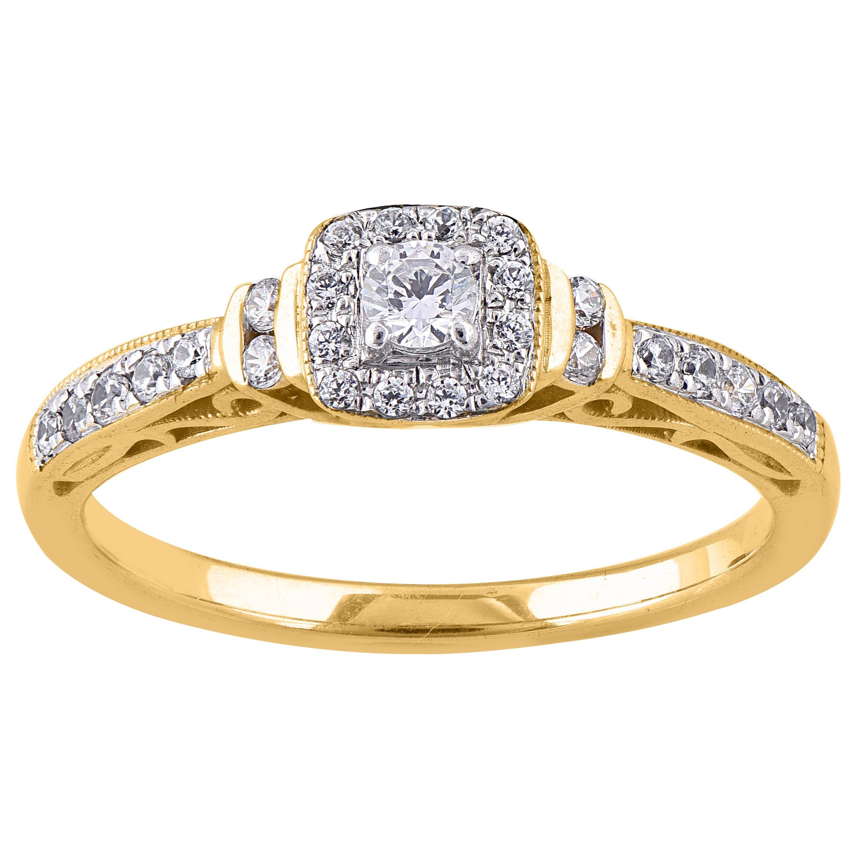 TJD 0.27 Carat Round Diamond 14 Karat Yellow Gold Halo Bridal engagement Ring For Sale