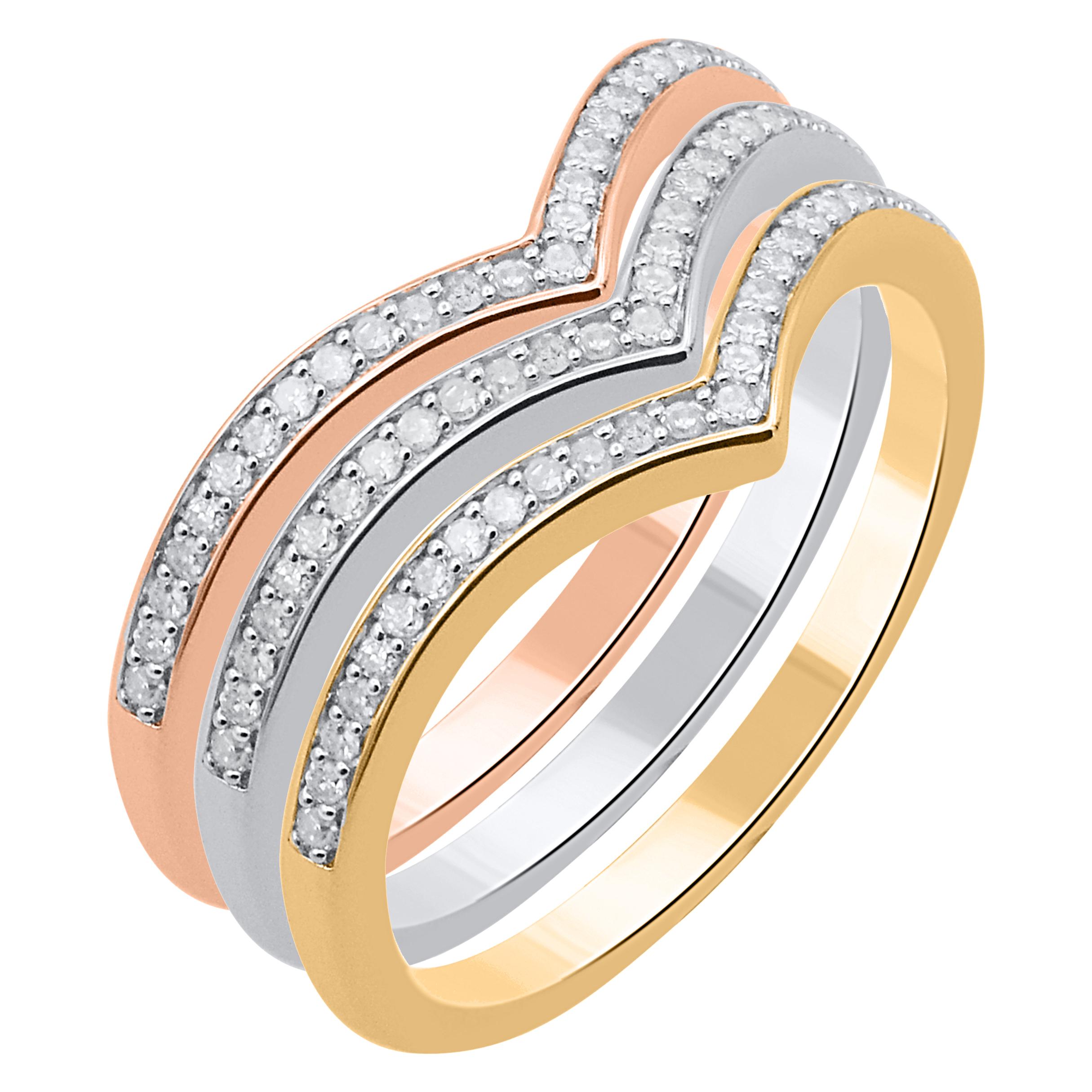 This three-piece diamond band set is a look she'll turn to often. This set includes one piece each rose, yellow and white gold. This ring is beautifully crafted in 14 Karat white, rose and yellow gold and embedded with 81 single cut round diamond