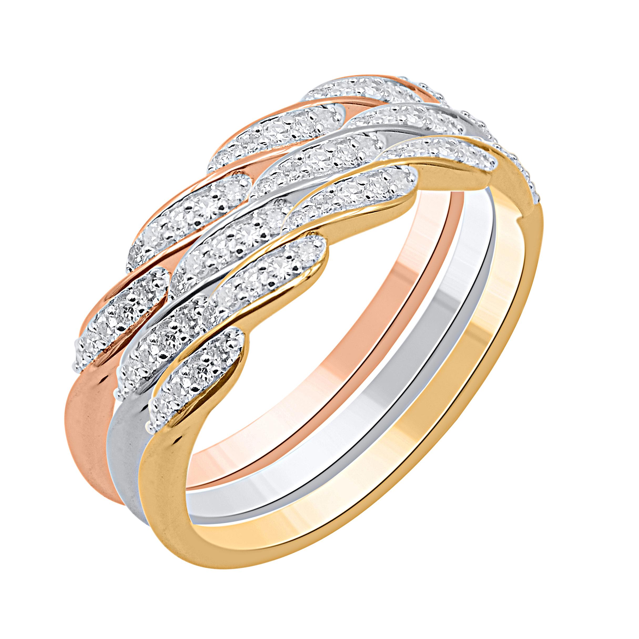 Contemporary TJD 0.30 Carat Diamond Three Piece Stackable Band Set in 14 Karat Tri-Tone Gold For Sale