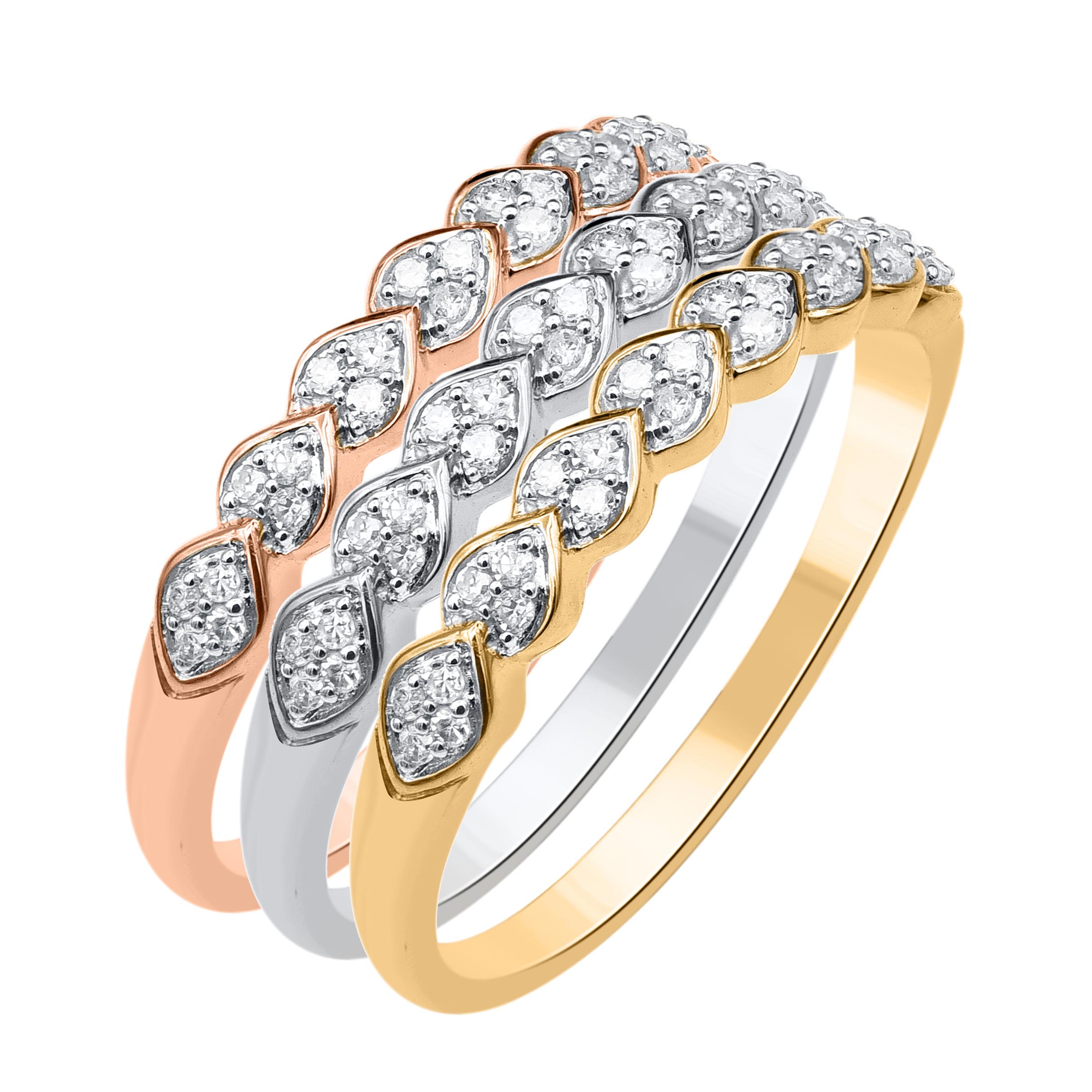 Contemporain TJD Bracelet empilable trois pièces en or 14 carats tricolore avec diamant de 0,30 carat en vente