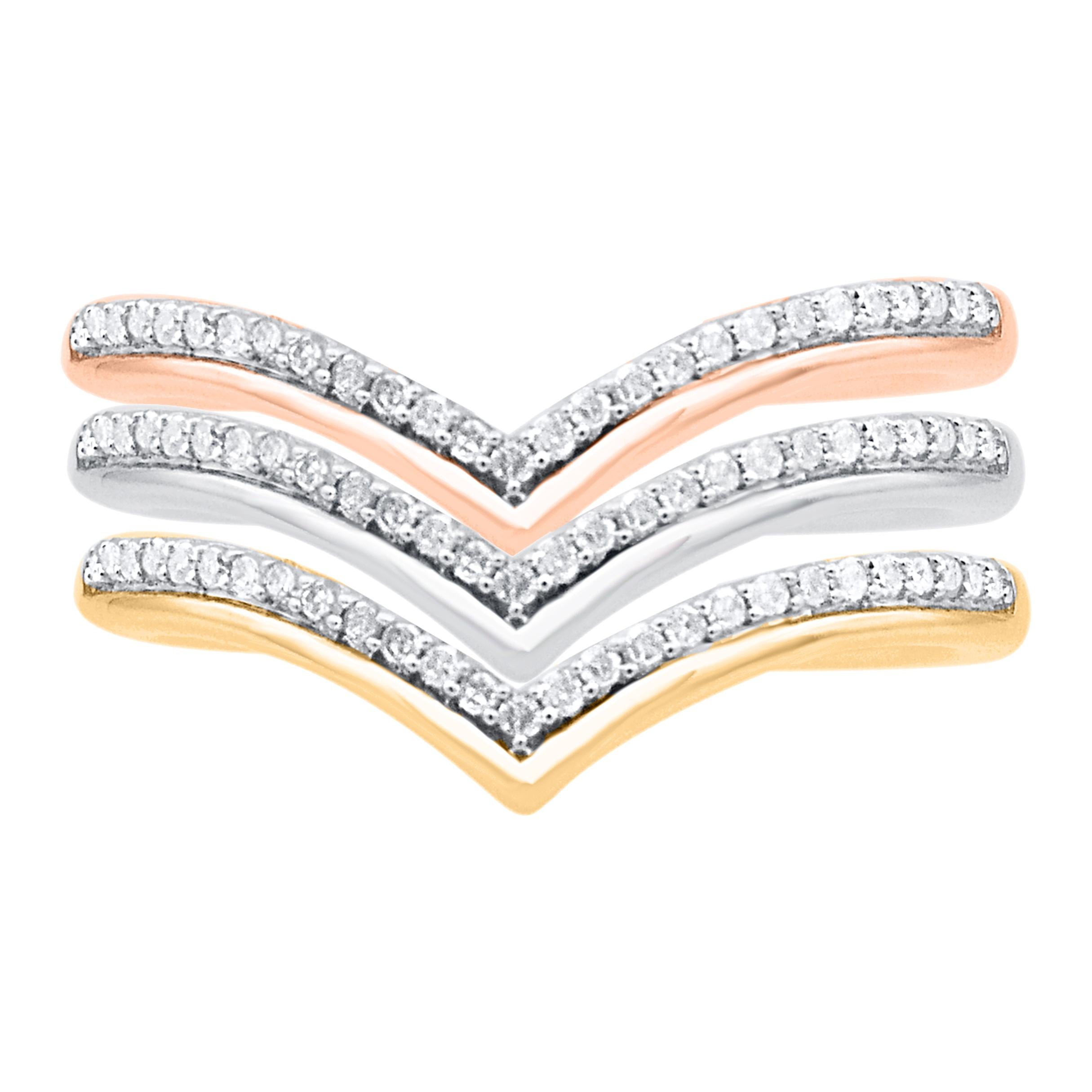 Contemporaneo TJD 0,30 Carati Diamante Tre Pezzi Impilabile Set in Oro 14 Karati Tri-Tone in vendita