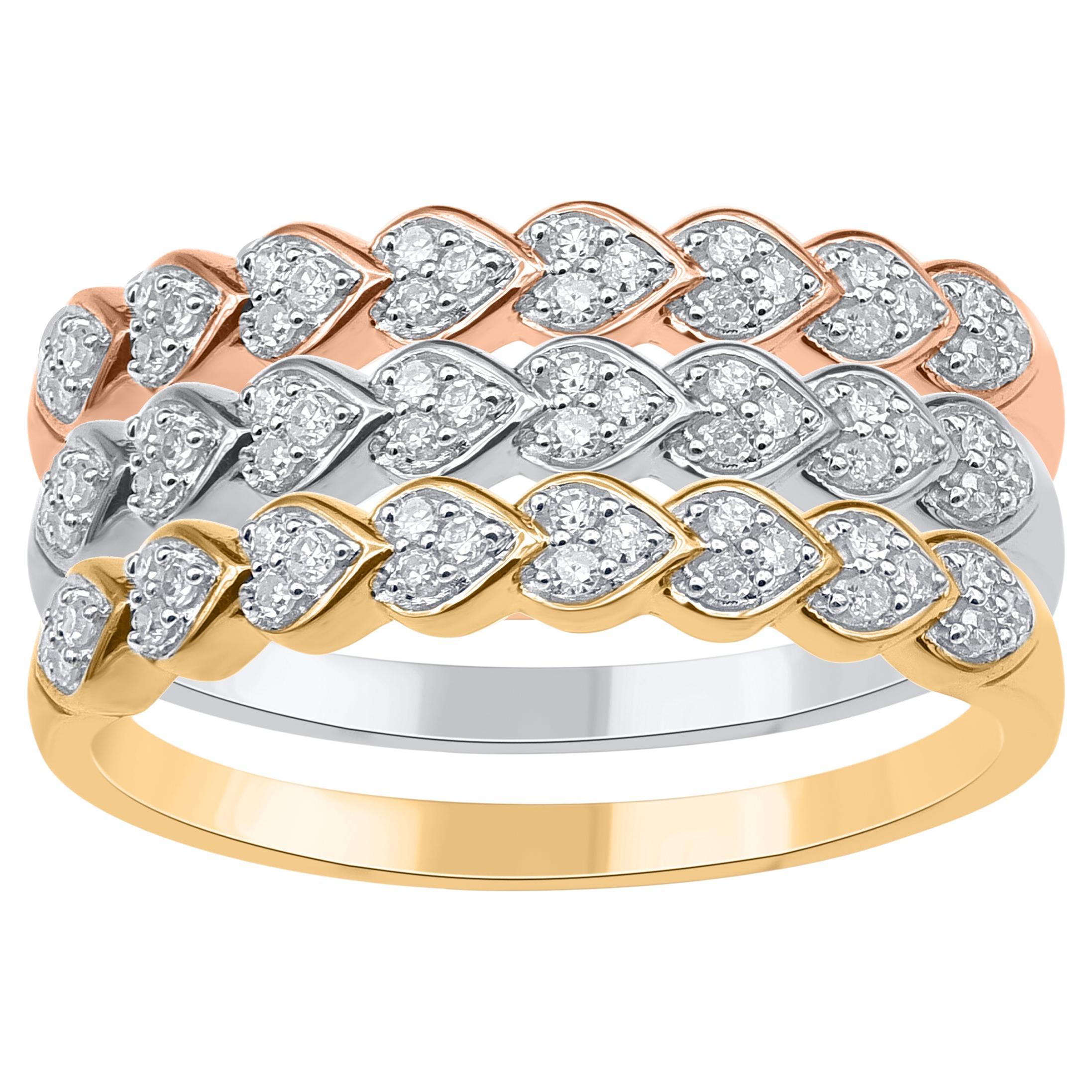 TJD Bracelet empilable trois pièces en or 14 carats tricolore avec diamant de 0,30 carat en vente