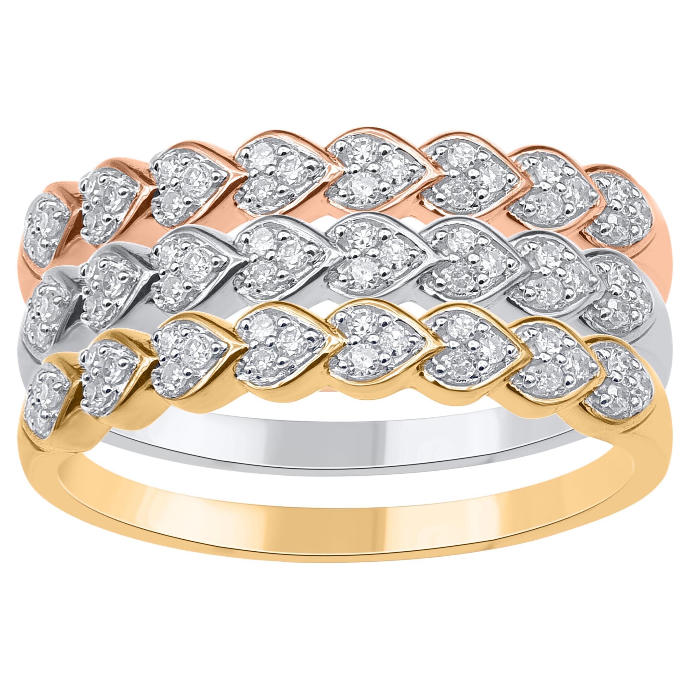 TJD 0.30 Carat Diamond Three Piece Stackable Band Set in 14 Karat Tri-Tone Gold en venta