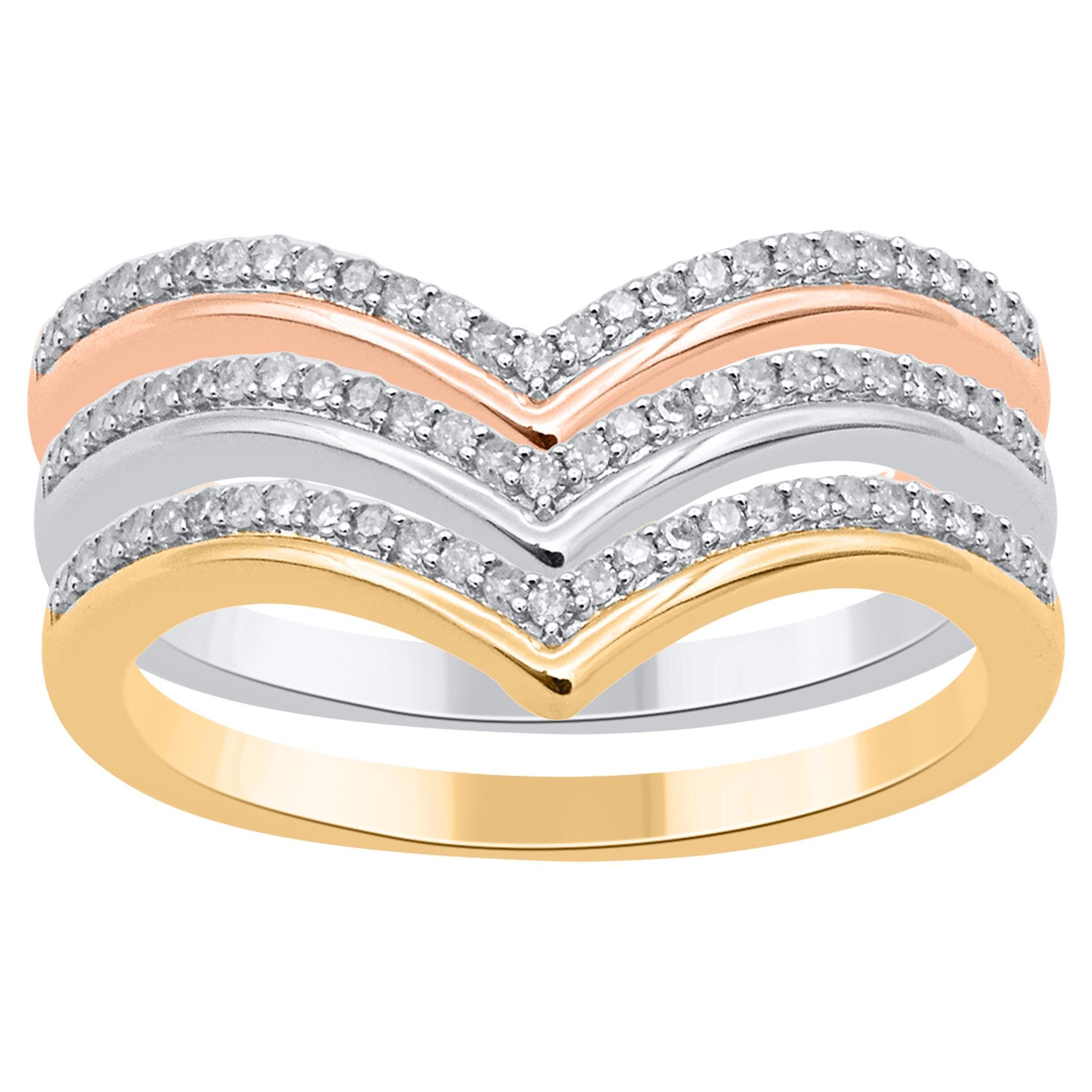 TJD 0.30 Carat Diamond Three Piece Stackable Band Set in 14 Karat Tri-Tone Gold