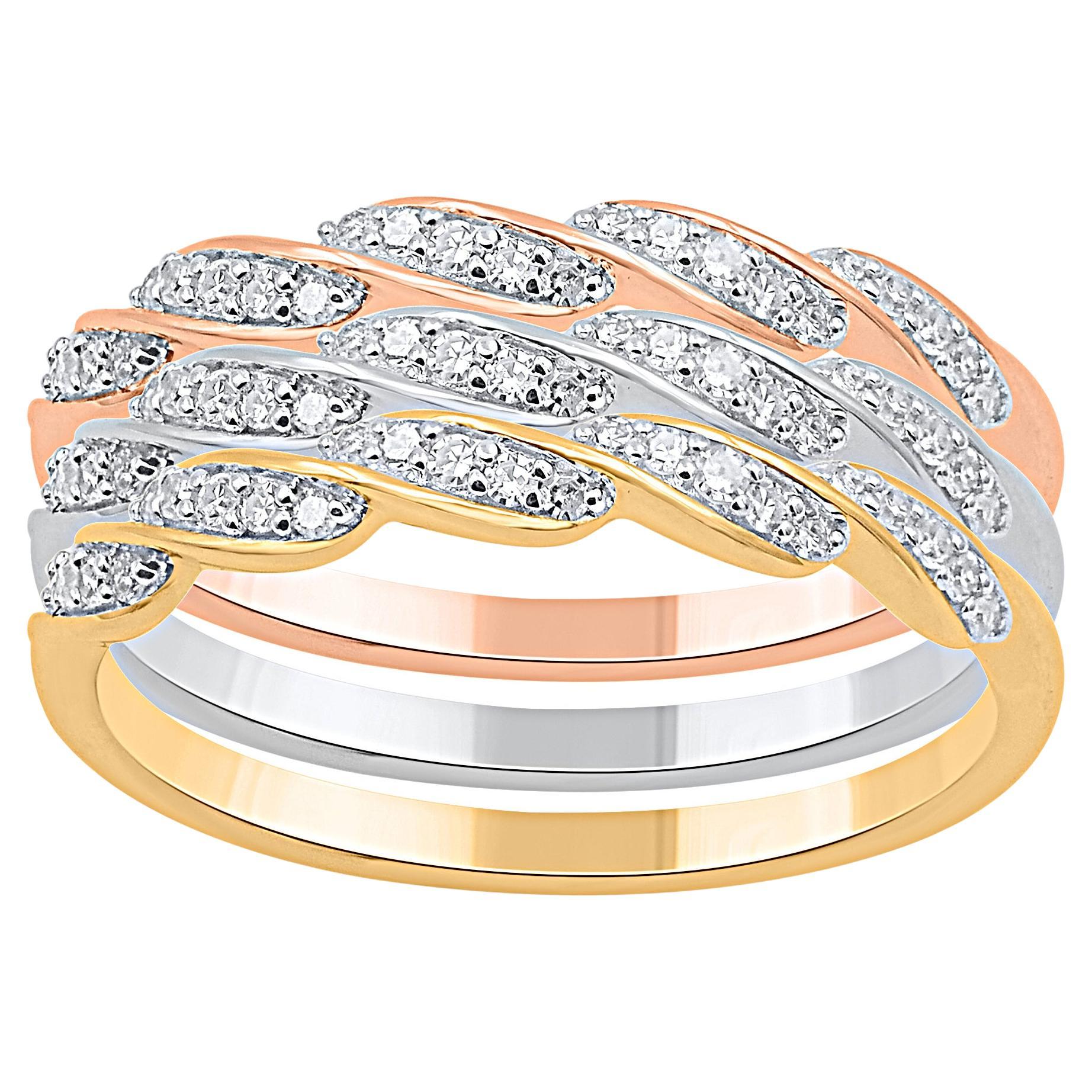 TJD 0.30 Carat Diamond Three Piece Stackable Band Set in 14 Karat Tri-Tone Gold