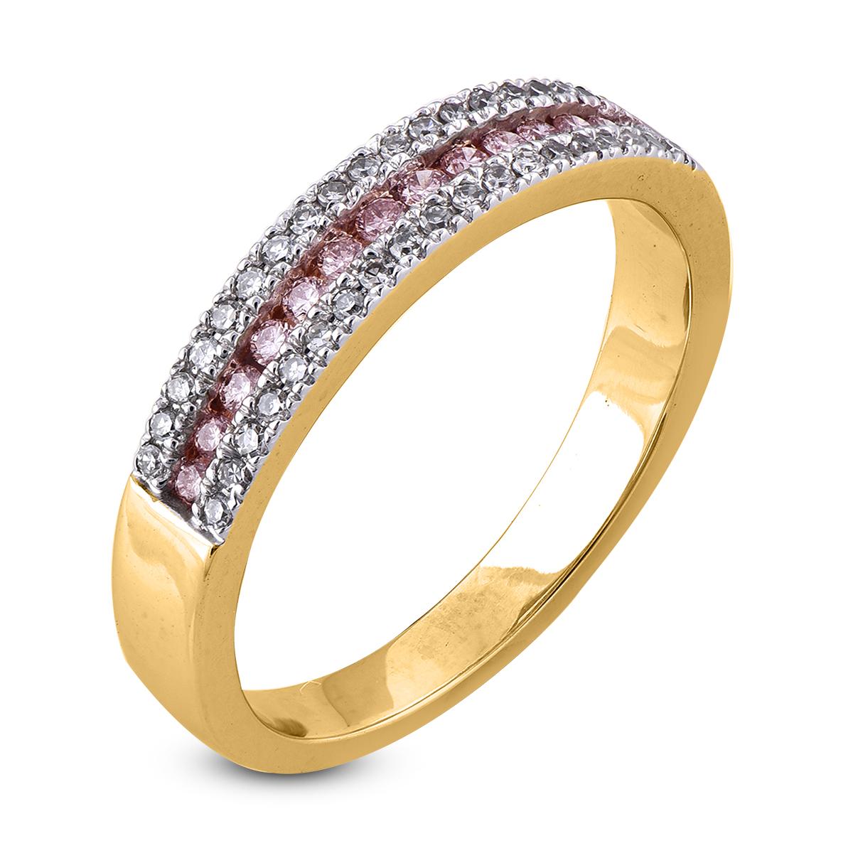 Stunning and classic, this diamond ring is beautifully crafted in 18K Solid yellow gold. The wide band is lined with rows of sparkling 38 round and 14 pink diamonds in secured channel and macro-prong settings. The diamonds are natural, not-treated
