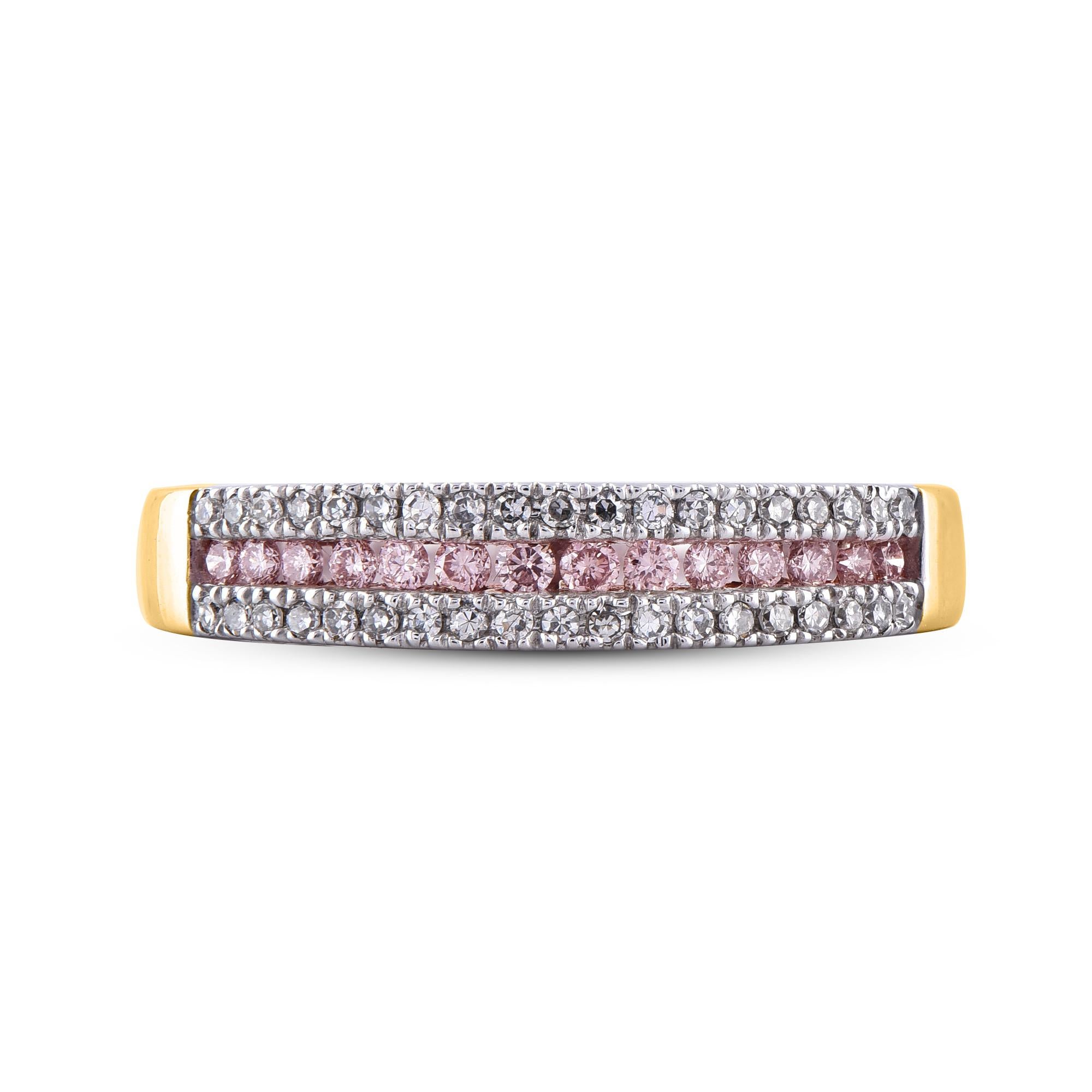 Round Cut TJD 0.30 Carat Nat. Pink Rosé & White Diamond 18K Yellow Gold 3-Row Wedding Band For Sale