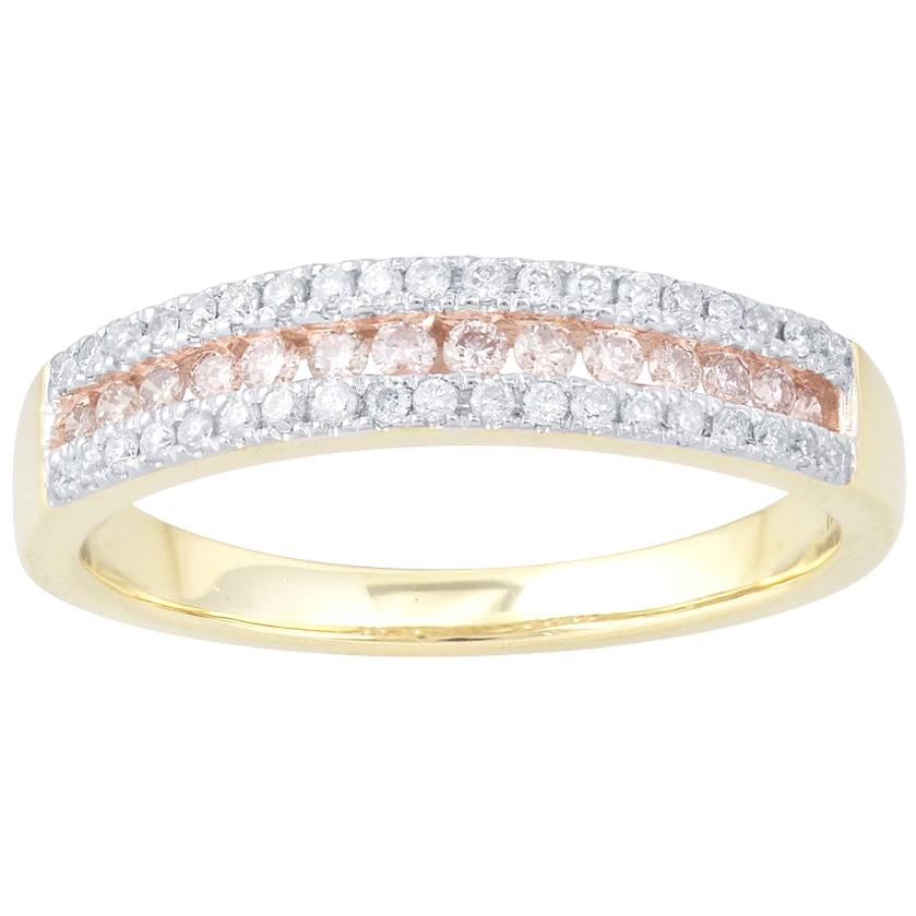 TJD 0.30 Carat Nat. Pink Rosé & White Diamond 18K Yellow Gold 3-Row Wedding Band