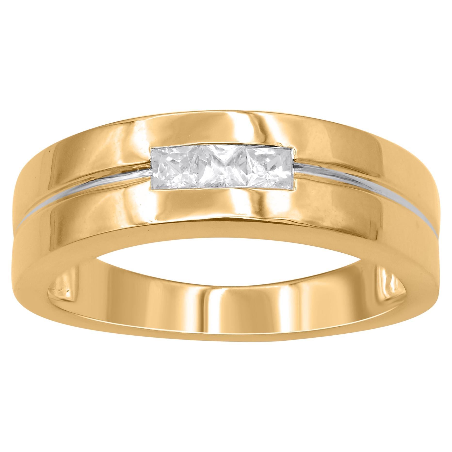 TJD 0.30 Carat Princess Cut Diamond 14KT Yellow Gold 3 Stone Men's Band Ring For Sale