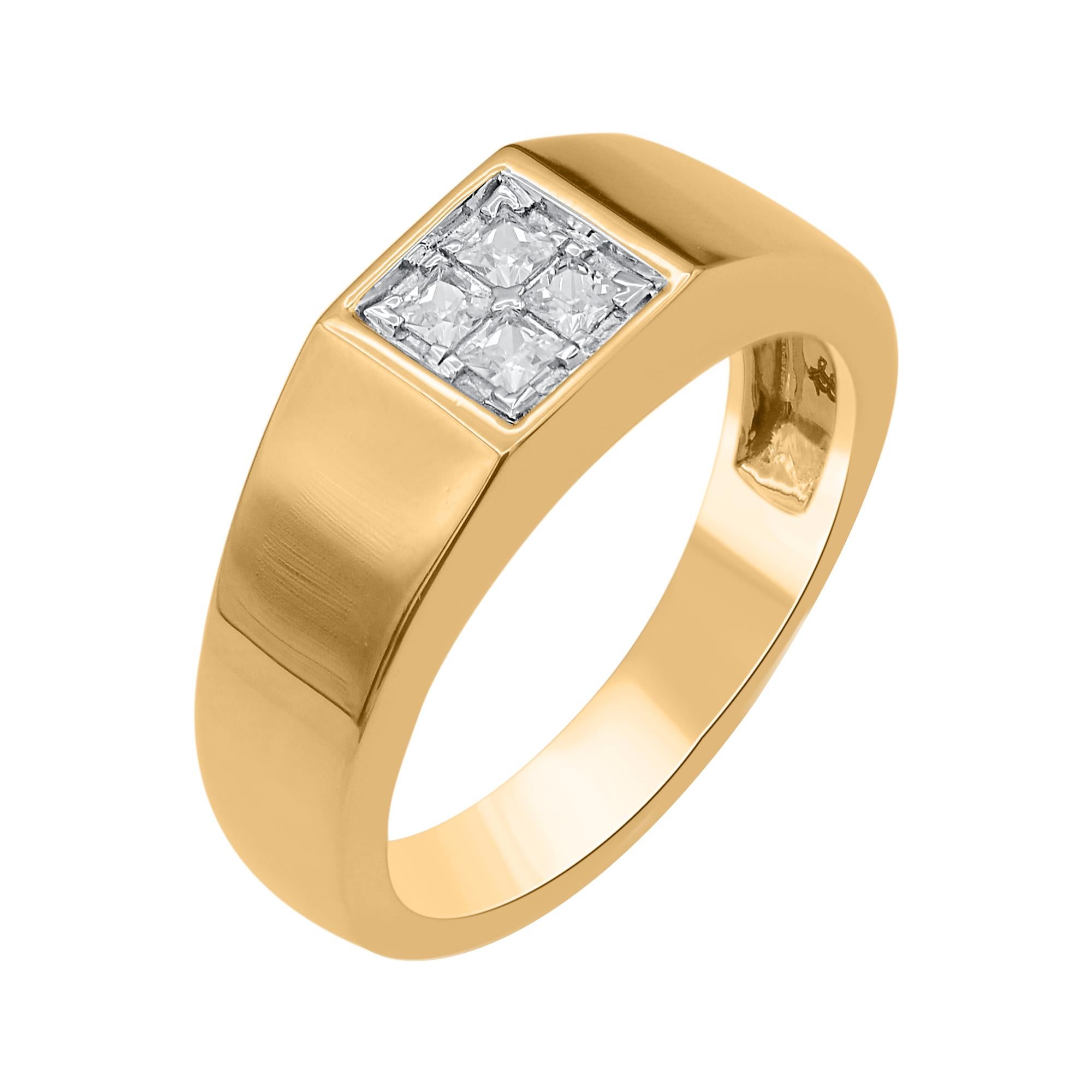Elevate your sophisticated style when you wear this men's diamond band ring in 14KT yellow gold. These band ring are studded with 4 princess Cut natural diamonds in 0.30 carat. The white diamonds are graded as H-I color and I-2 clarity.