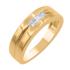 TJD 0.30 Carat Princess Cut Diamond 18KT Yellow Gold 3 Stone Men's Band Ring