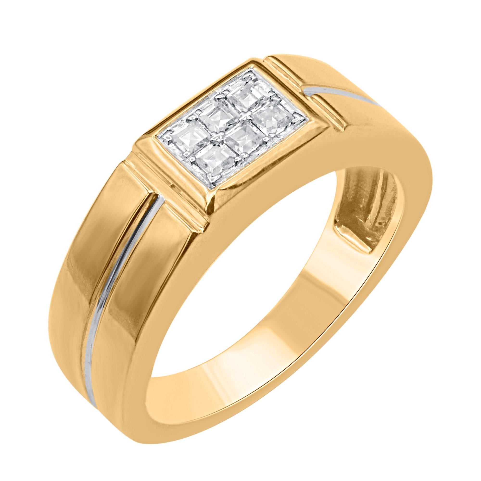 Celebrate your loving commitment with this princess-cut 6 stone natural diamond band. This band shines with 0.30 carat of diamonds in 18KT yellow Gold. The white diamonds are graded as H-I color and I-2 clarity.