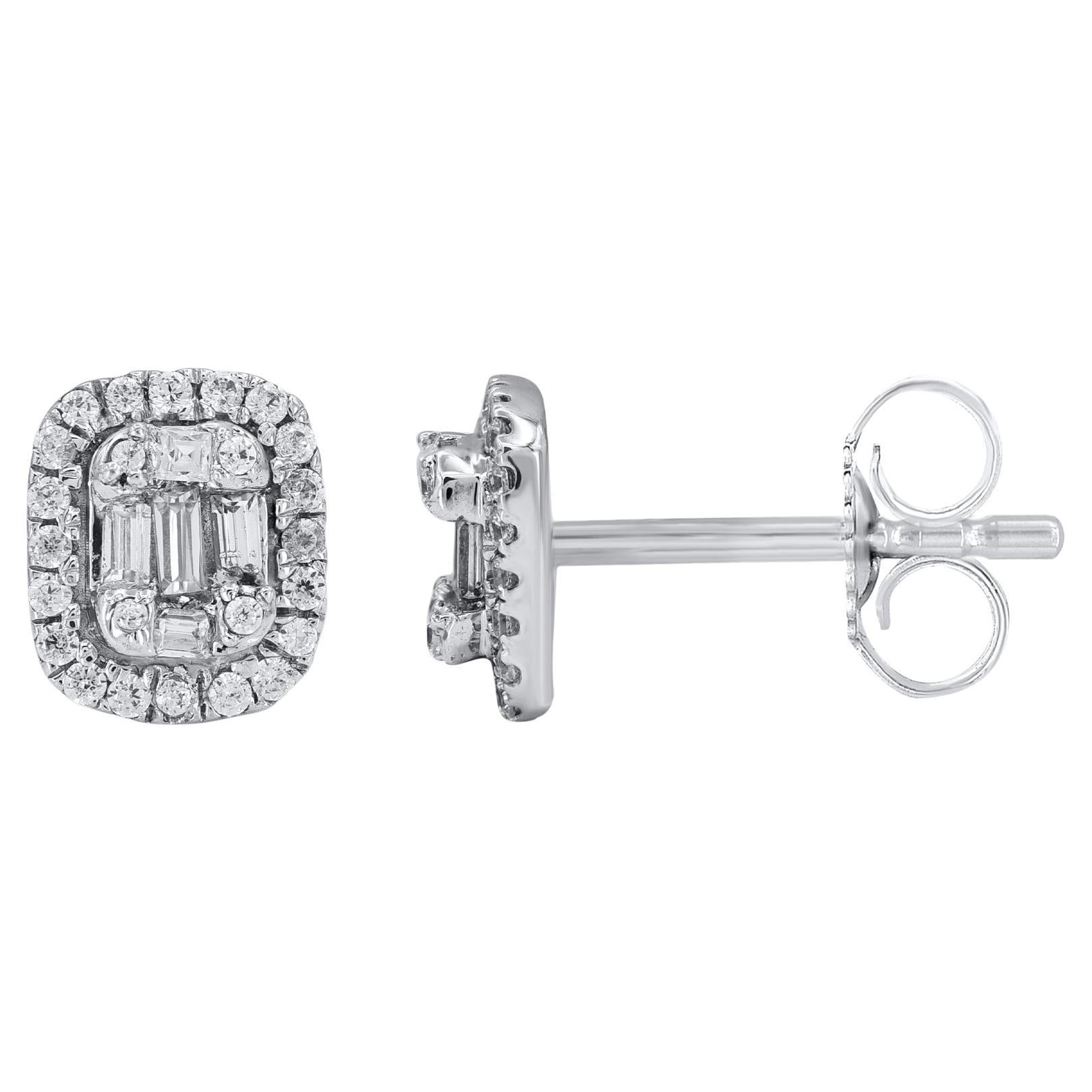 Timeless and elegant, these diamond stud earring are a style you'll wear with every look in your wardrobe. This earring is beautifully designed and studded with 58 round single cut diamond and baguette diamond set in prong & channel setting. We only