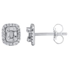 TJD 0.30 Carat Round & Baguette Cut Diamond 14Karat White Gold Halo Stud Earring