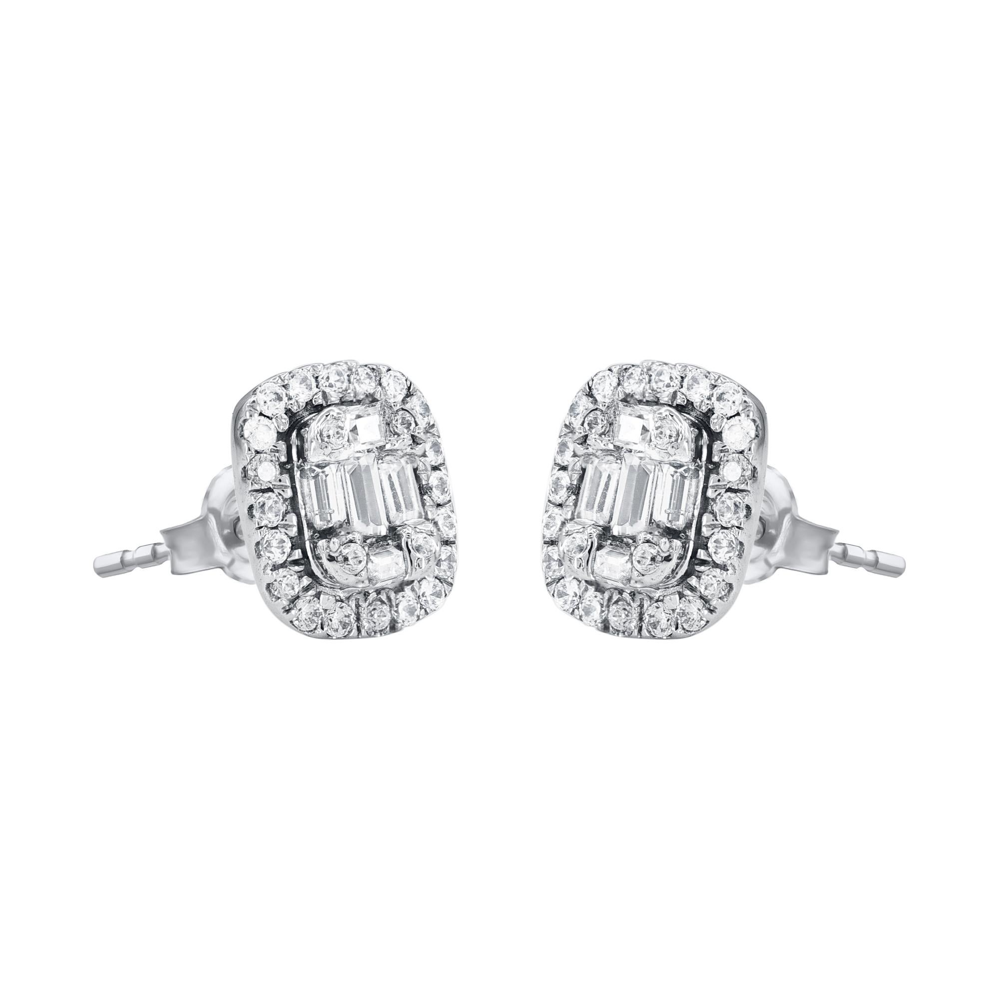 Contemporain TJD Boucle d'oreille Halo en or blanc 14 carats avec diamant rond et baguette de 0,30 carat en vente