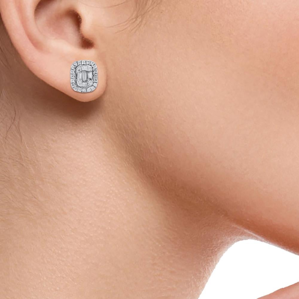 Round Cut TJD 0.30 Carat Round & Baguette Cut Diamond 14Karat White Gold Halo Stud Earring For Sale