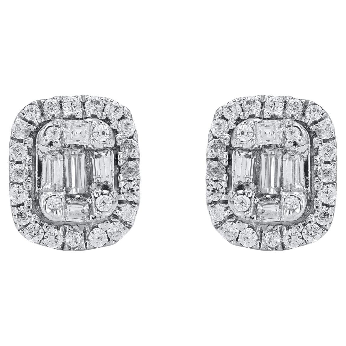 TJD 0.30 Carat Round & Baguette Cut Diamond 14Karat White Gold Halo Stud Earring For Sale