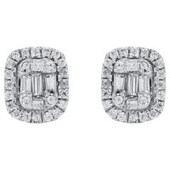 TJD 0.30 Carat Round & Baguette Cut Diamond 14Karat White Gold Halo Stud Earring